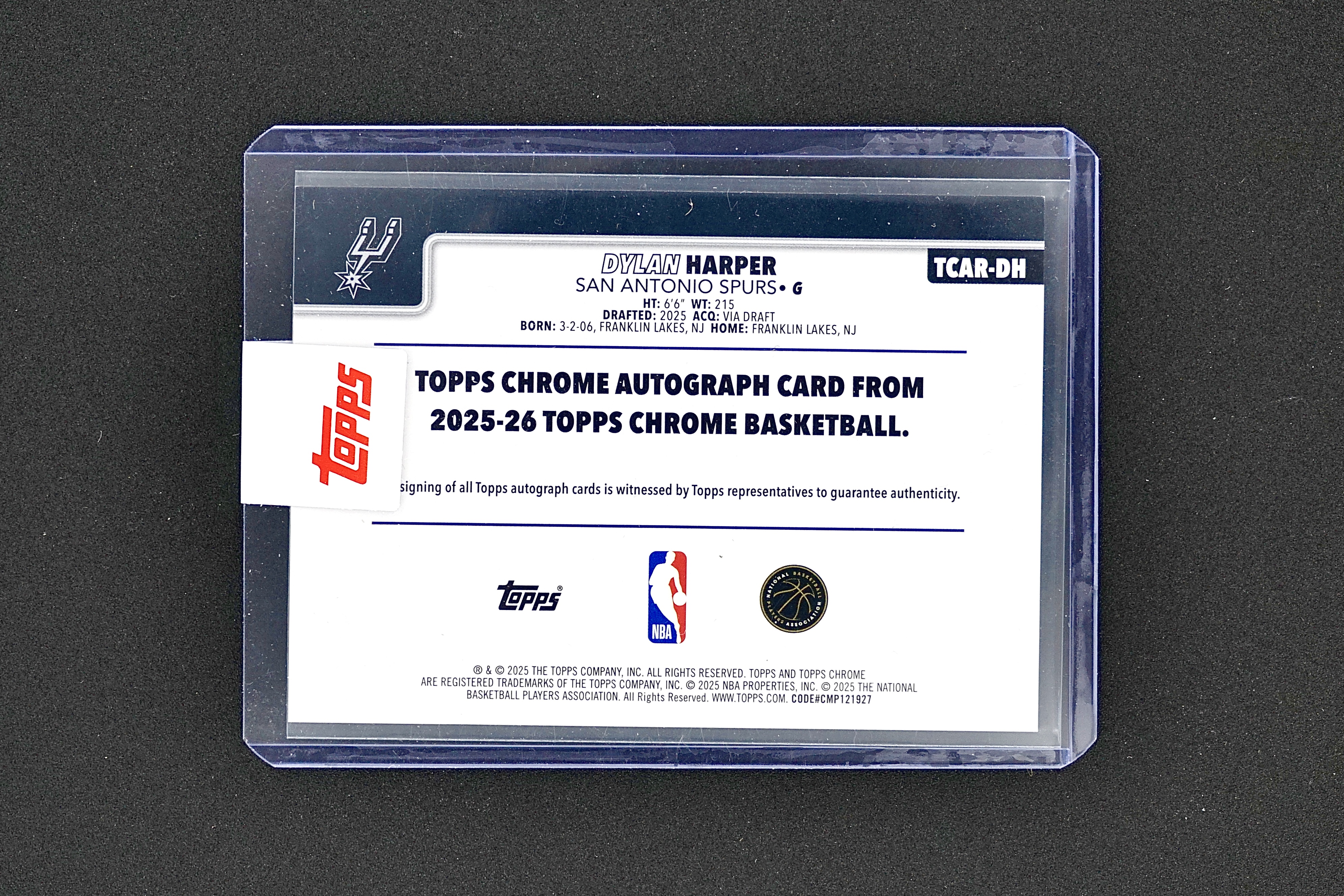 2025 Topps Chrome Dylan Harper RC TC 迪伦 哈珀 正Base签 新秀 签字 大热新秀 交换板换回 原封卡夹 马刺 文班亚马 卡斯尔队友 卡品墨迹如图