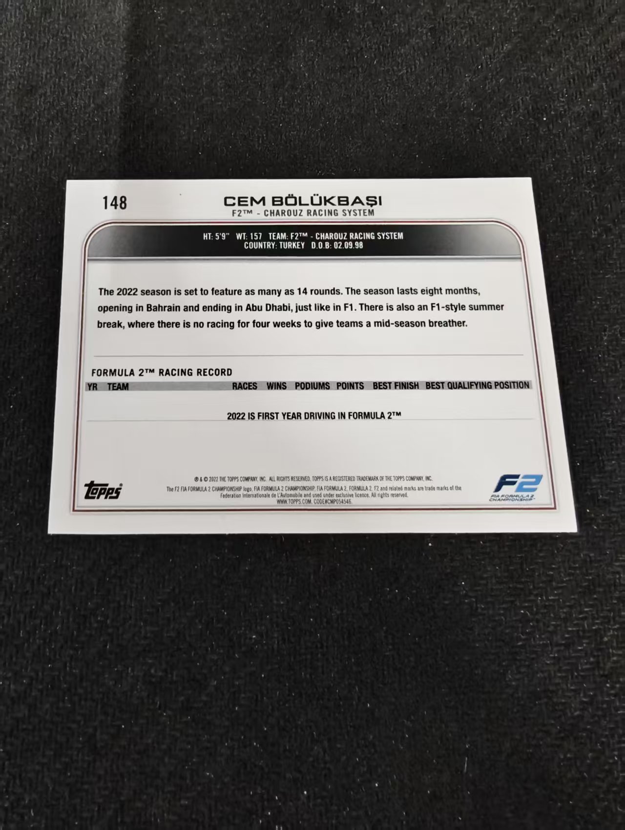 2022 Topps Chrome F1 Cem Bolukbasi 卡姆 波罗巴西 F2 黑白棋盘 划痕 边角瑕疵@148
