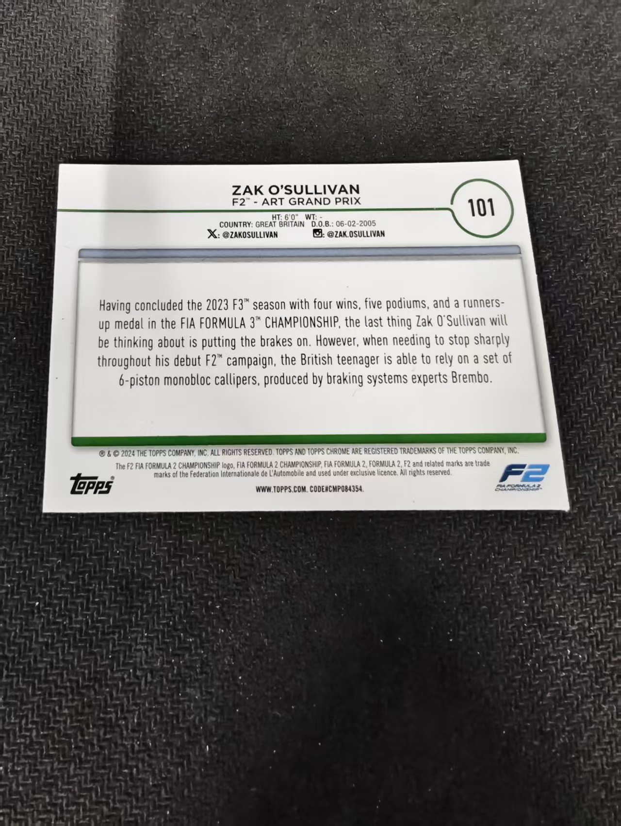 2024 Topps Chrome F1 Zak O'Sullivan 扎克 奥沙利文 F2 划痕 边角瑕疵 #101