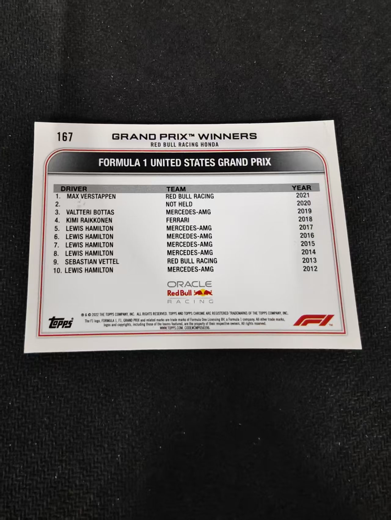 2022 Topps Chrome F1 Max Verstappen 维斯塔潘 红牛 划痕 边角瑕疵 #167