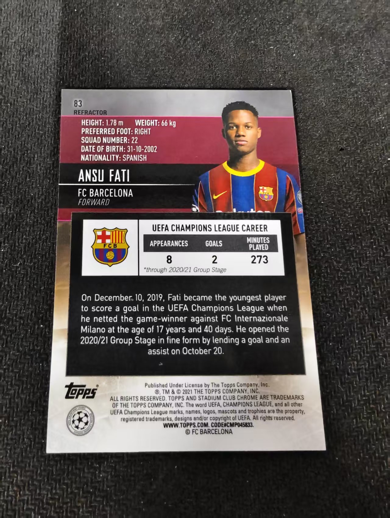 【可合并,不累计】2021 Topps Stadium Club Chrome Ansu Fati 安苏 法蒂 巴萨 竞技场 欧冠 银折 划痕 边角瑕疵 @83