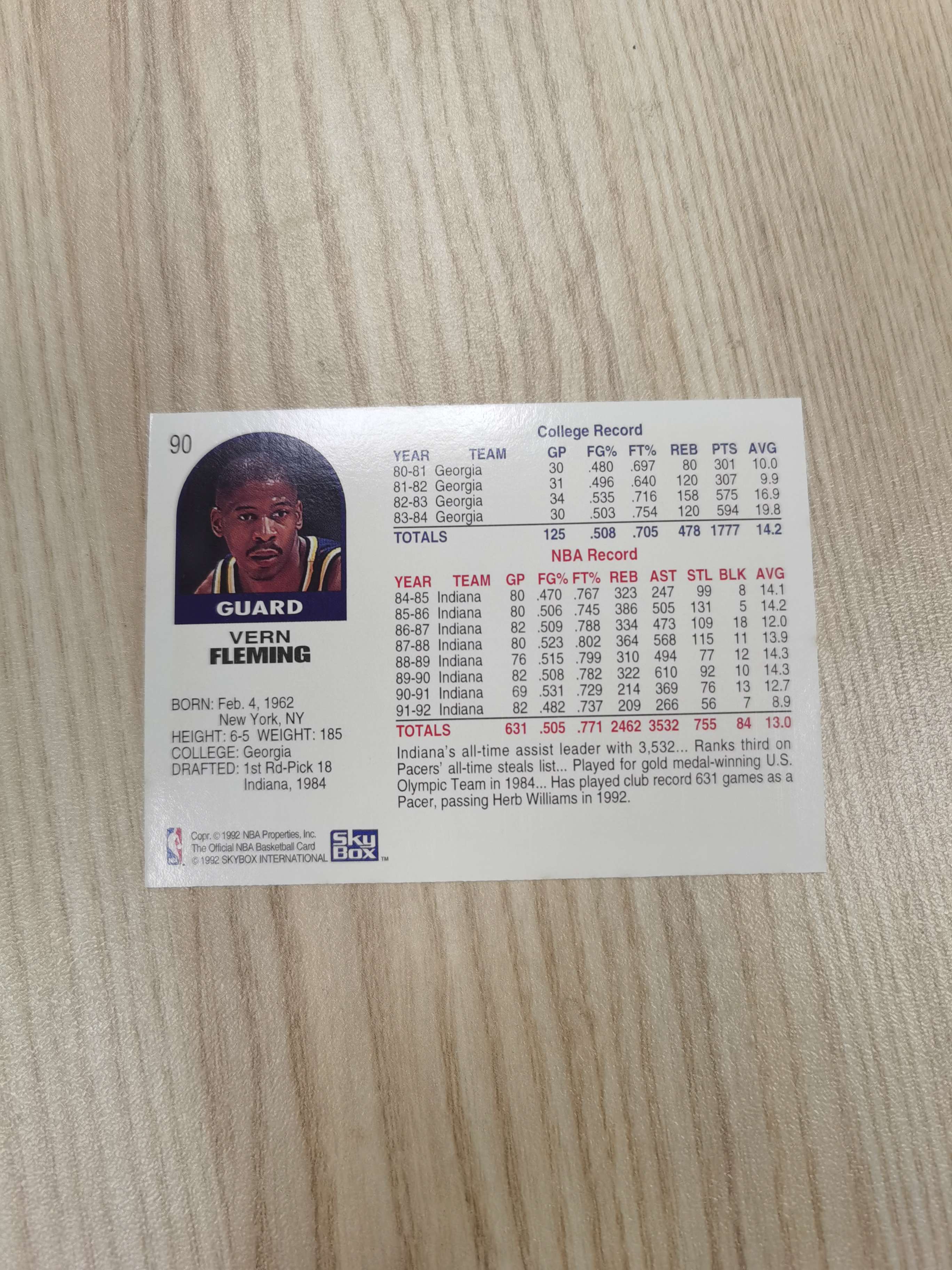 1992-93 SkyBox Base Vern Fleming 1992-93 维恩·弗莱明 skybox #90 最多(893场)未被吹罚技术犯规 84年奥运金牌 步行者 硬通货 极具收藏价值