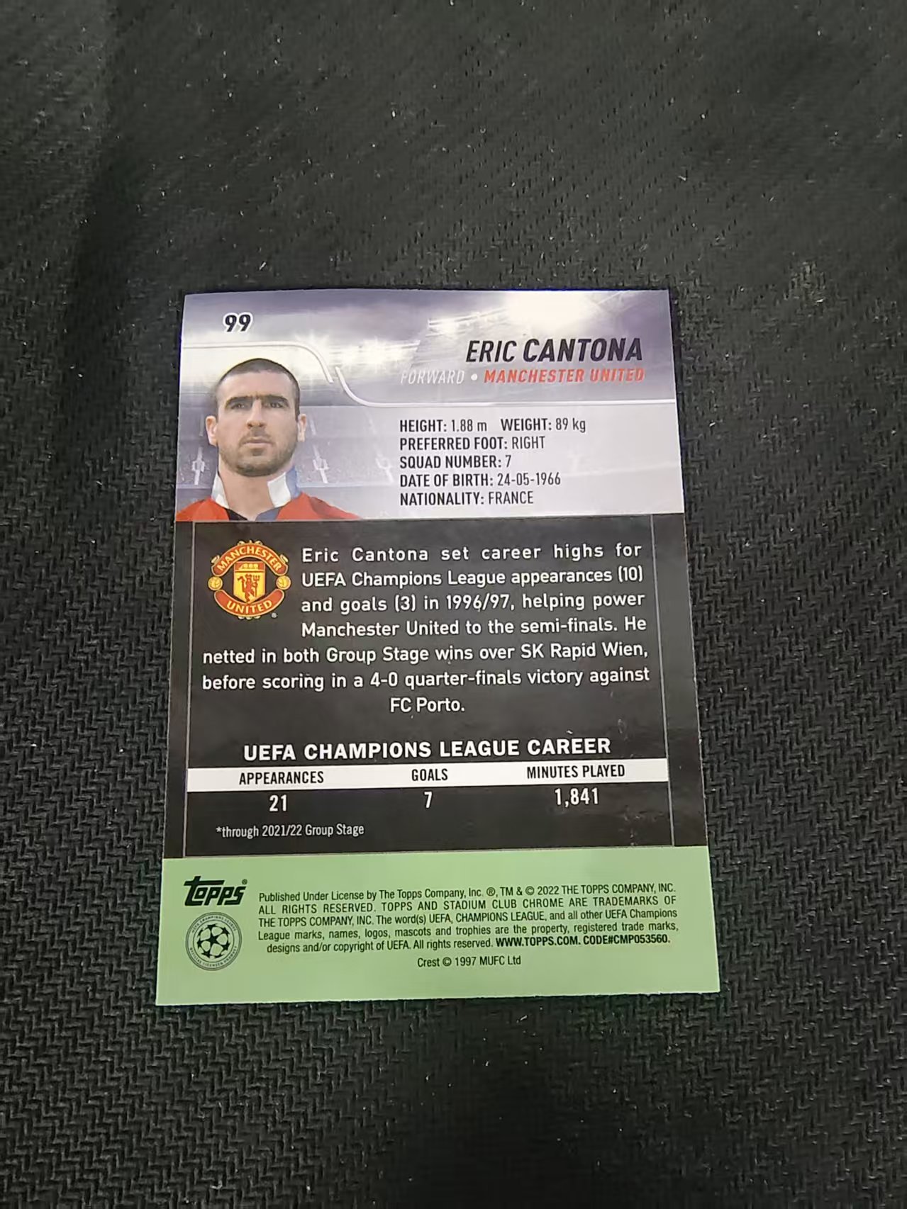 【可合并,不累计】2022 Topps Stadium Club Chrome Eric Cantona 曼联 国王 埃里克 坎通纳 竞技场 欧冠 划痕 边角瑕疵 #99