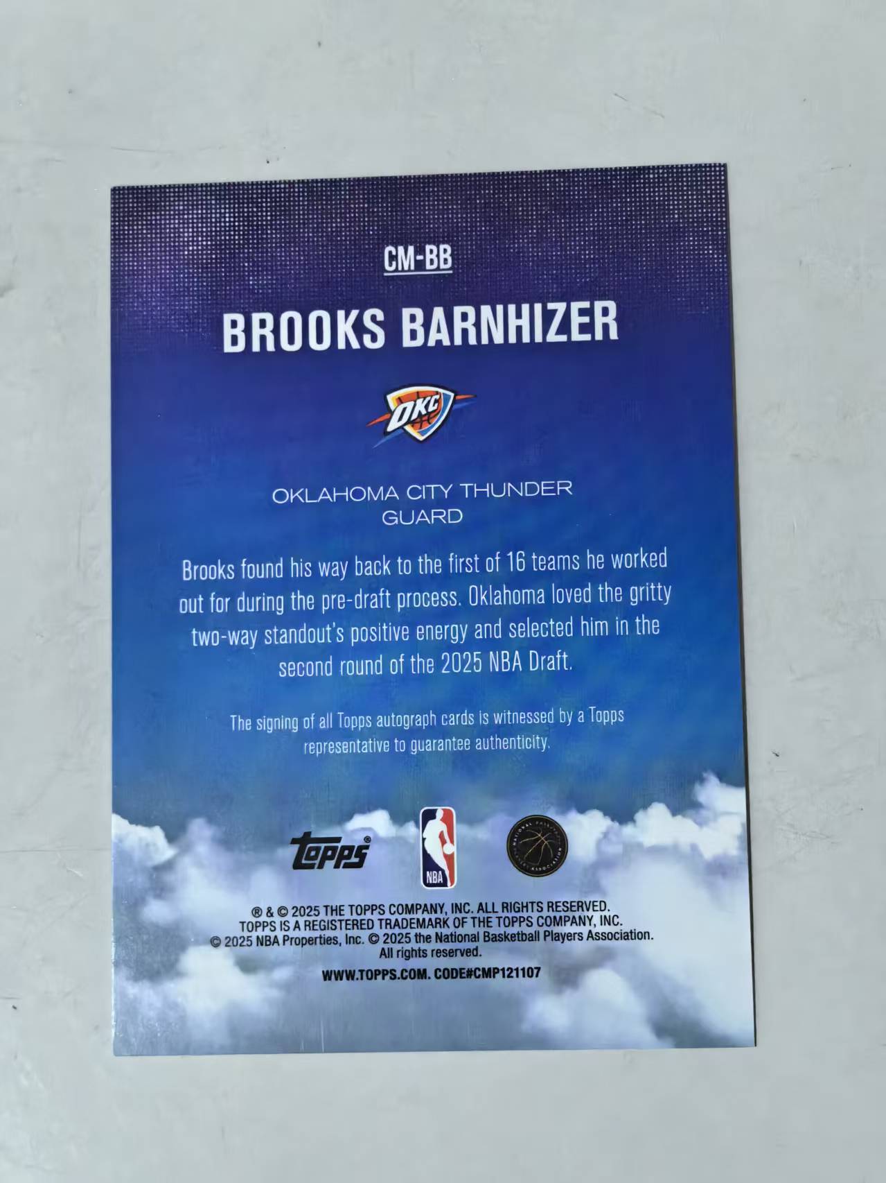 2025 Topps Topps Brooks Barnhizer RC #CM-BB 新秀 签名卡签字卡 99编 雷霆 【黑魔苏】