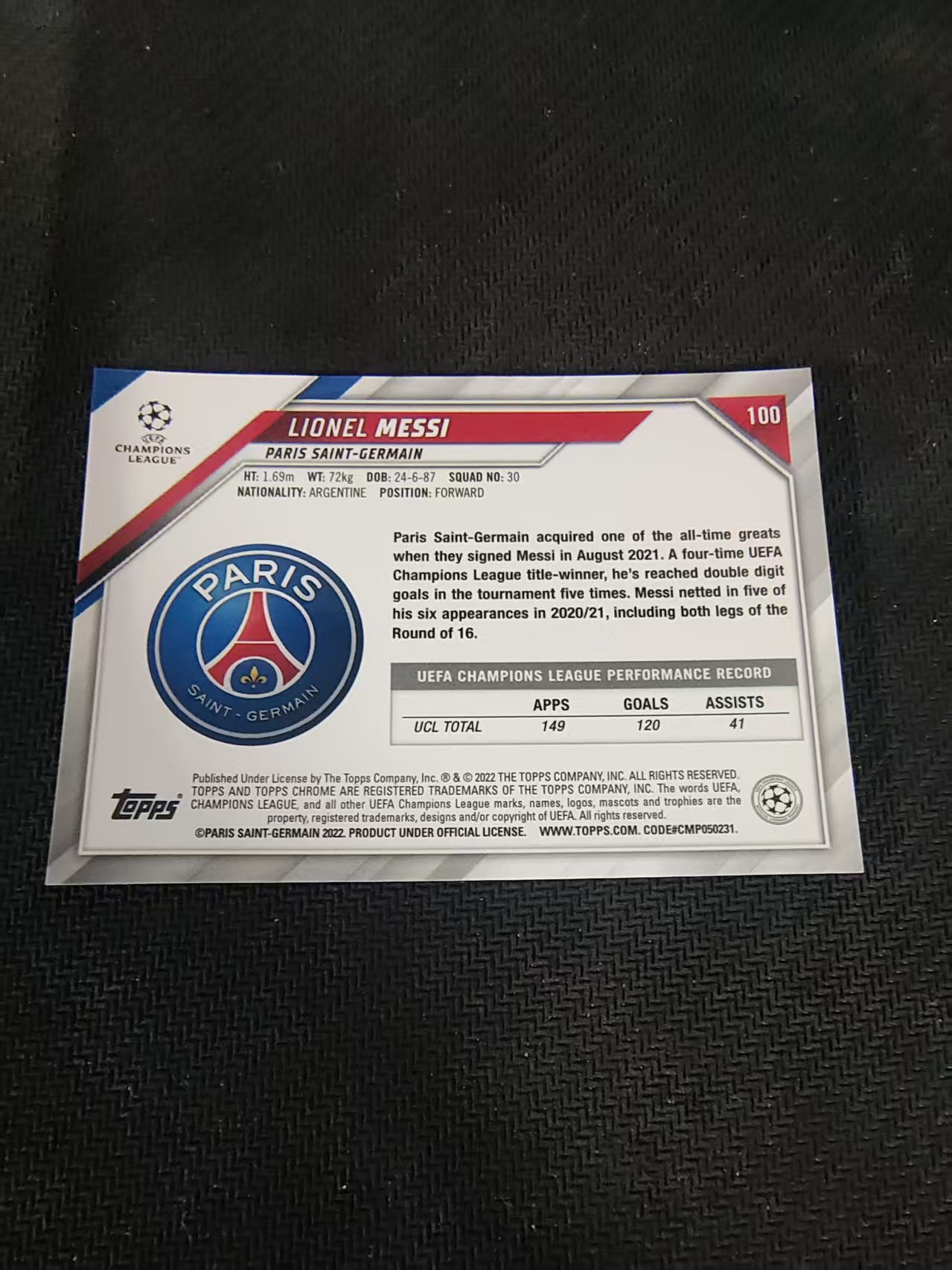 【可合并,不累计】2022 Topps Chrome Lionel Messi 大巴黎 巴黎圣日耳曼 梅西 欧冠 划痕 边角瑕疵 #100