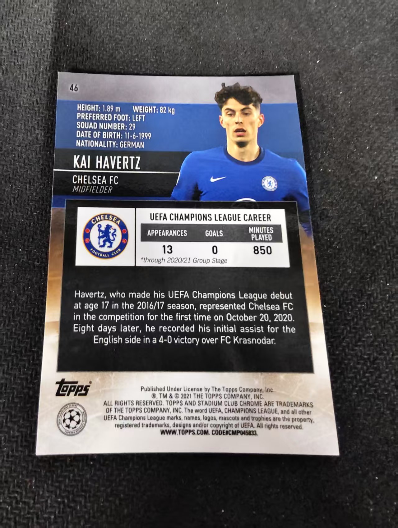 【可合并,不累计】2021 Topps Stadium Club Chrome Kai Havertz 切尔西 哈弗茨 竞技场 欧冠 划痕 边角瑕疵 #46