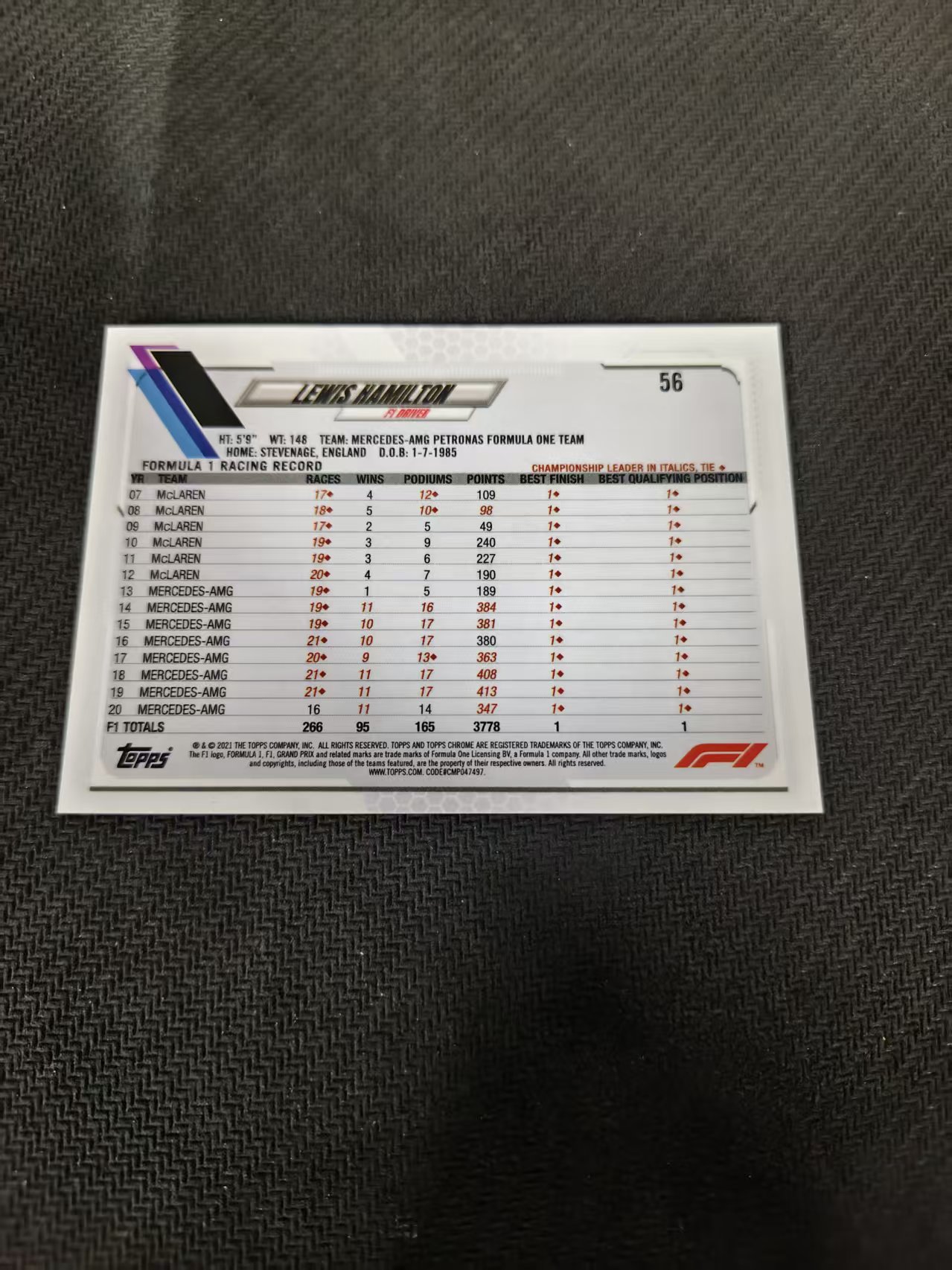 【可合并,不累计】2021 Topps Chrome Lewis Hamilton F1 梅赛德斯奔驰车队 刘易斯 汉密尔顿 划痕 边角瑕疵 #56