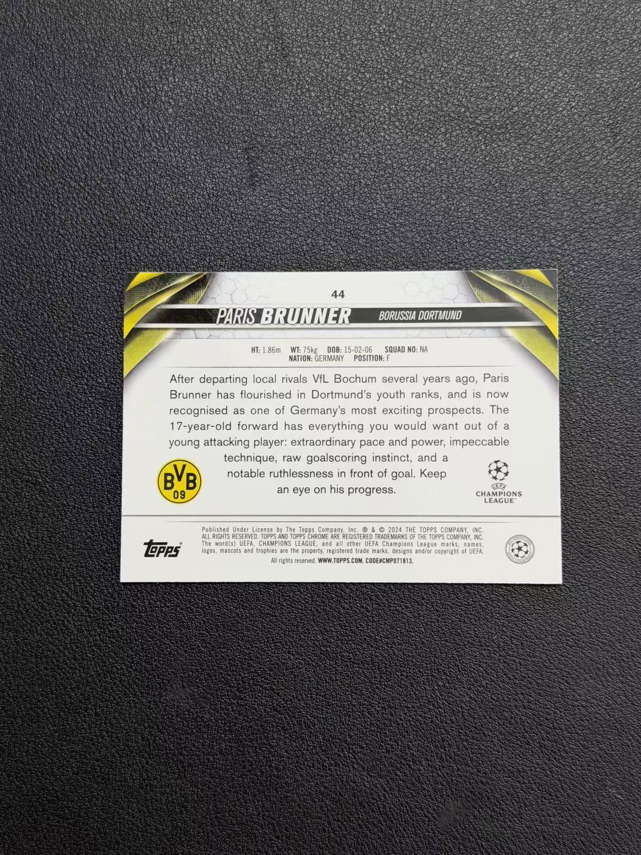 2024 Topps 碧玉 Paris Brunner 德甲 多特 多特蒙德 布伦纳 150编 RC 新秀 欧冠 卡品如图