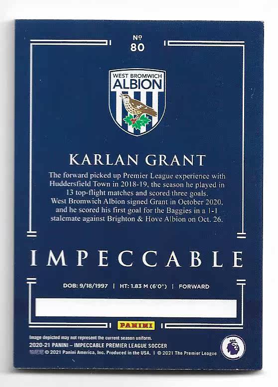 2020-21 Panini Impeccable Karlan Grant (鸿英收藏社)2020-21 Panini 英超 小真金 西布朗 格兰特 25编 球星卡 17/25