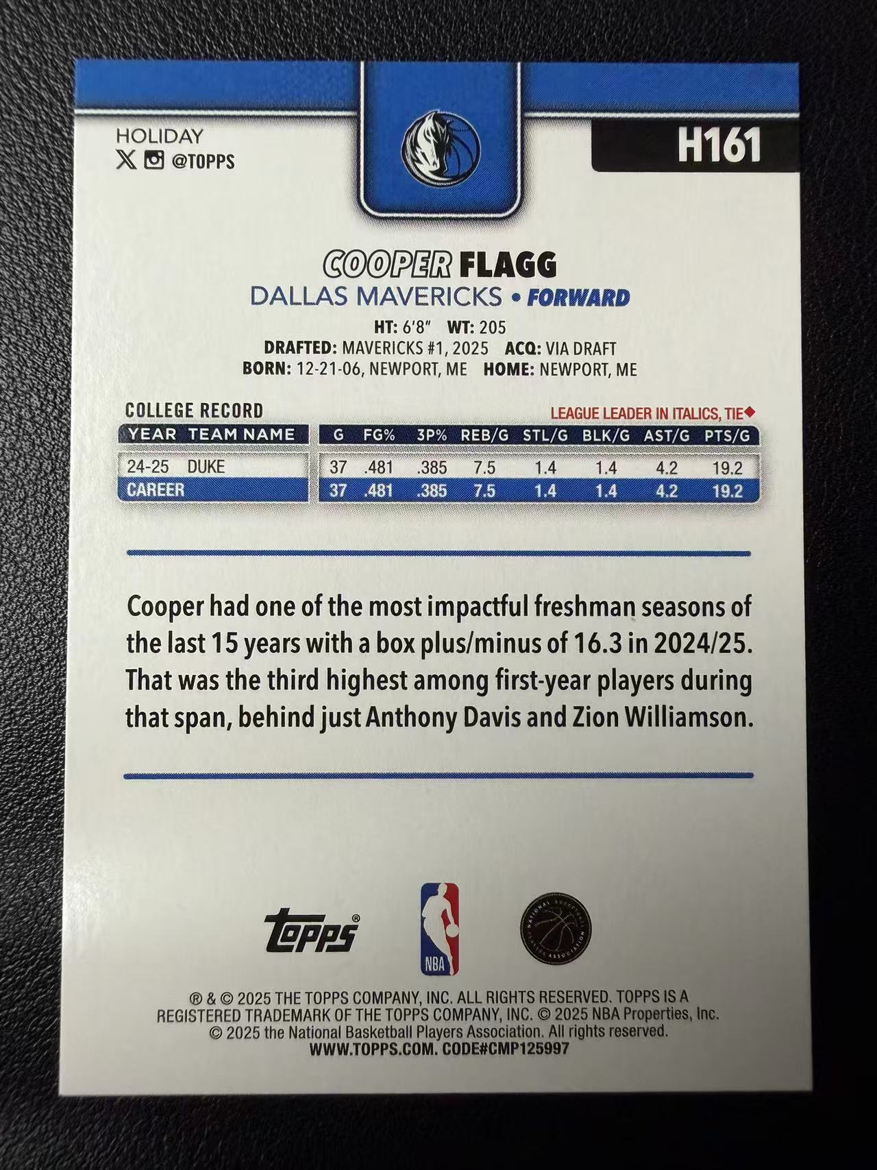 2025 Topps Holiday Cooper Flagg RC Topps 假日系列 独行侠 库珀 弗拉格 新秀 Base 圣诞元素 卡品如图(郭)3