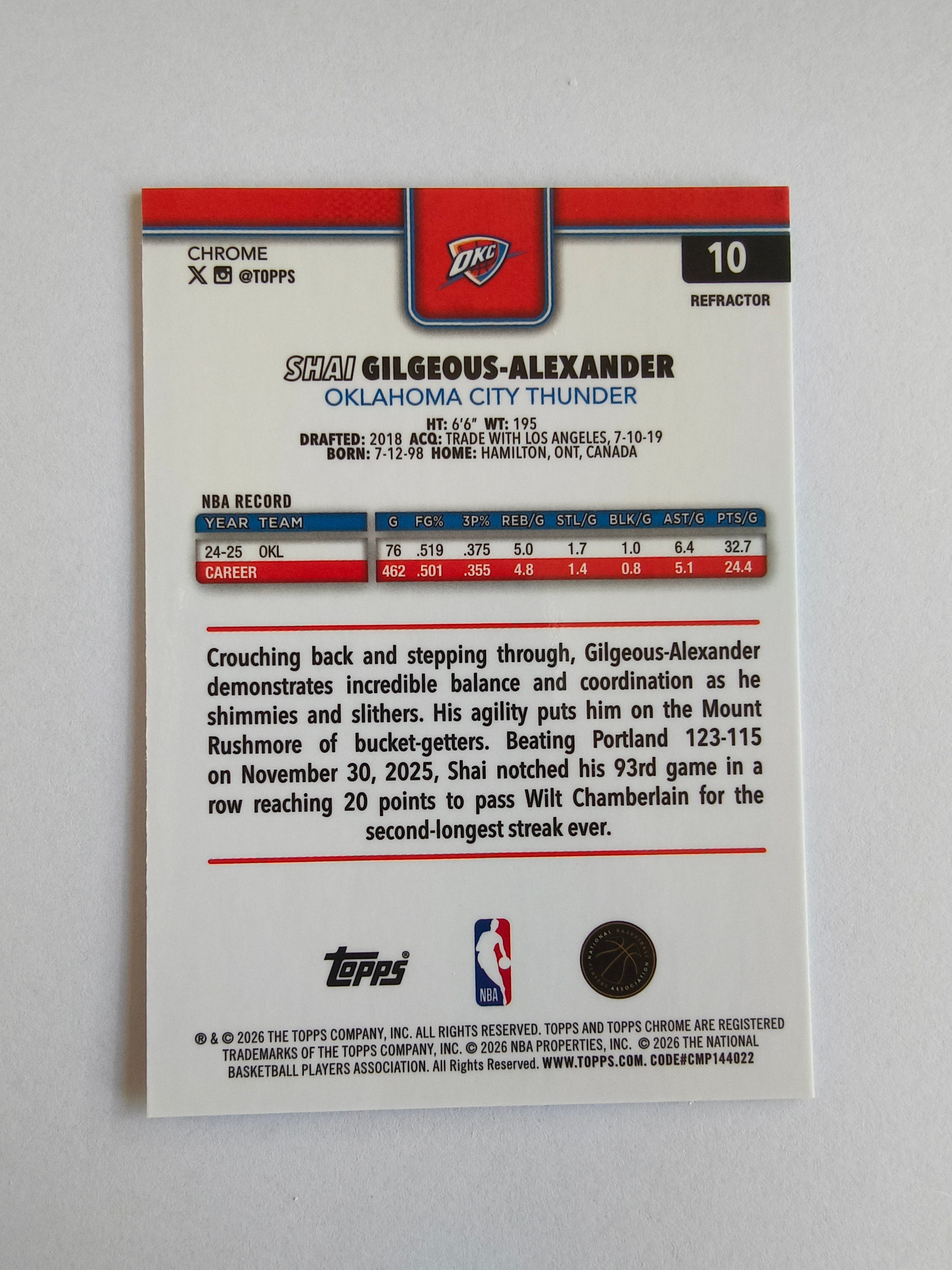 2026 Topps Chrome Update Shai Gilgeous-Alexander NBA 雷霆 谢伊 吉尔杰斯 亚历山大 SGA base银折 实卡好看 收藏凑套 卡品如图 XY689