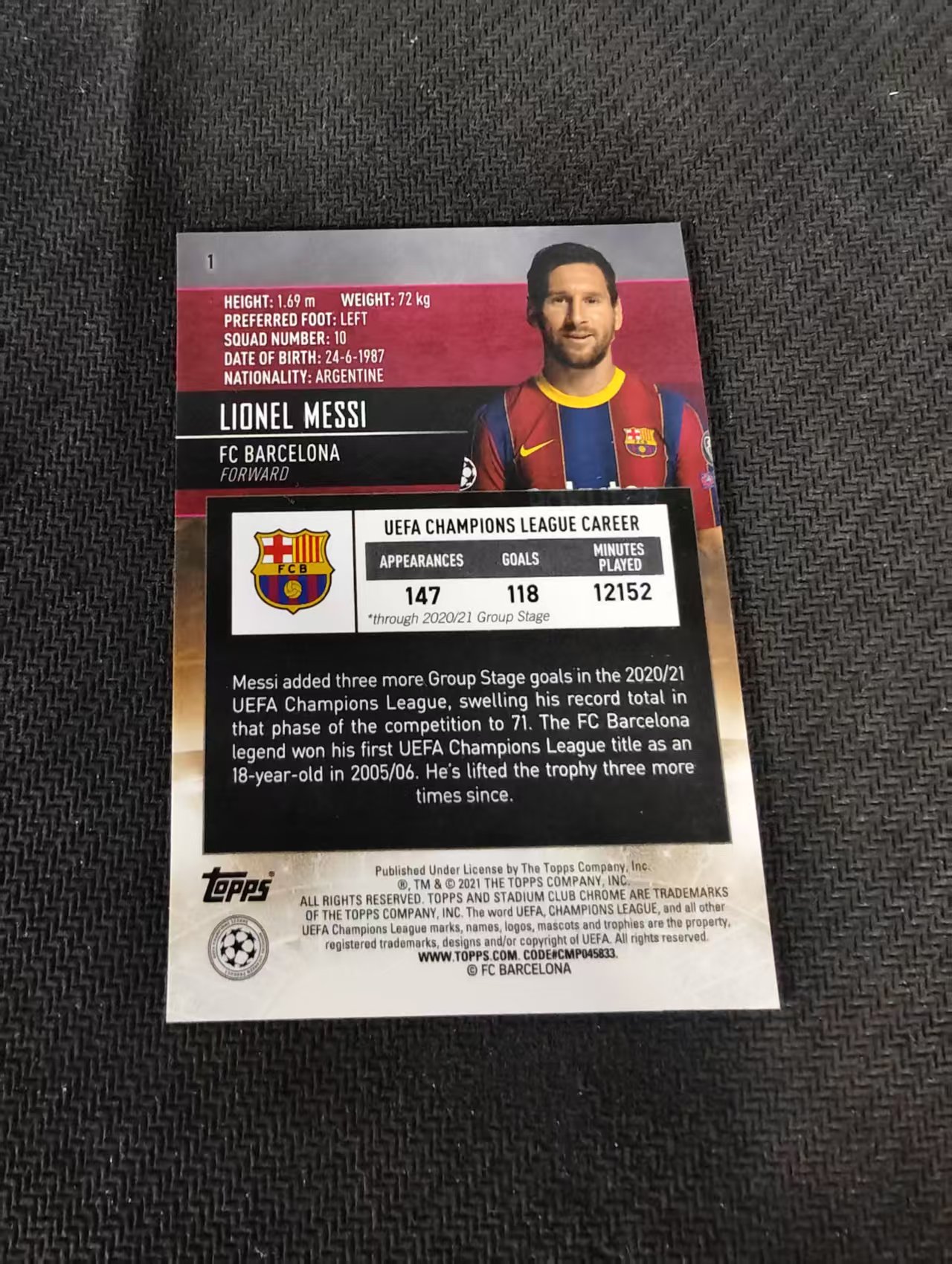 【可合并,不累计】2021 Topps stadium club Lionel Messi 梅西 巴萨 巴塞罗那 阿根廷 大巴黎 竞技场 欧冠 划痕 边角瑕疵 #1