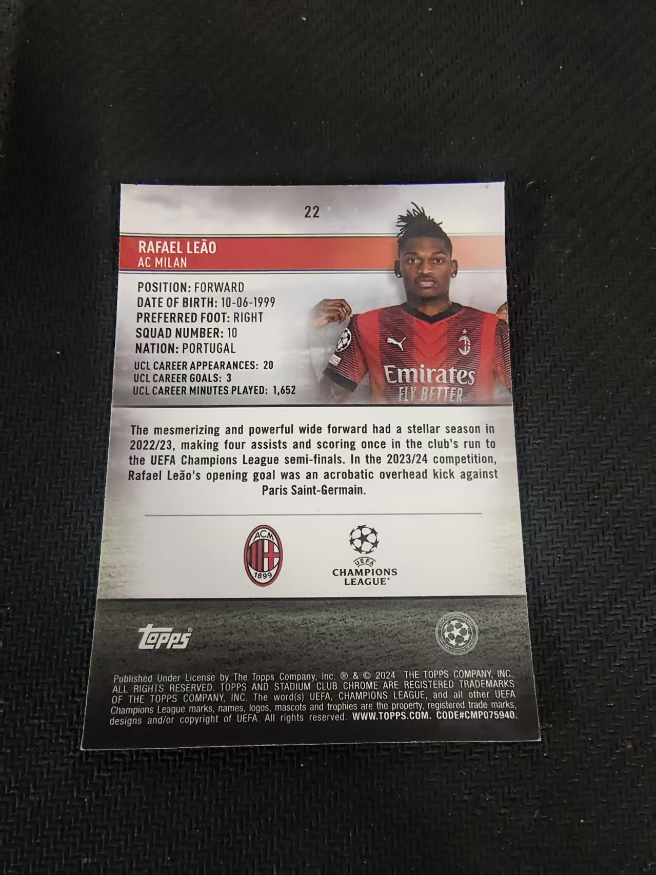 【可合并,不累计】2024 Topps Stadium Club Chrome Rafael Leao AC米兰 葡萄牙 莱奥 竞技场 欧冠 划痕 边角瑕疵 #22