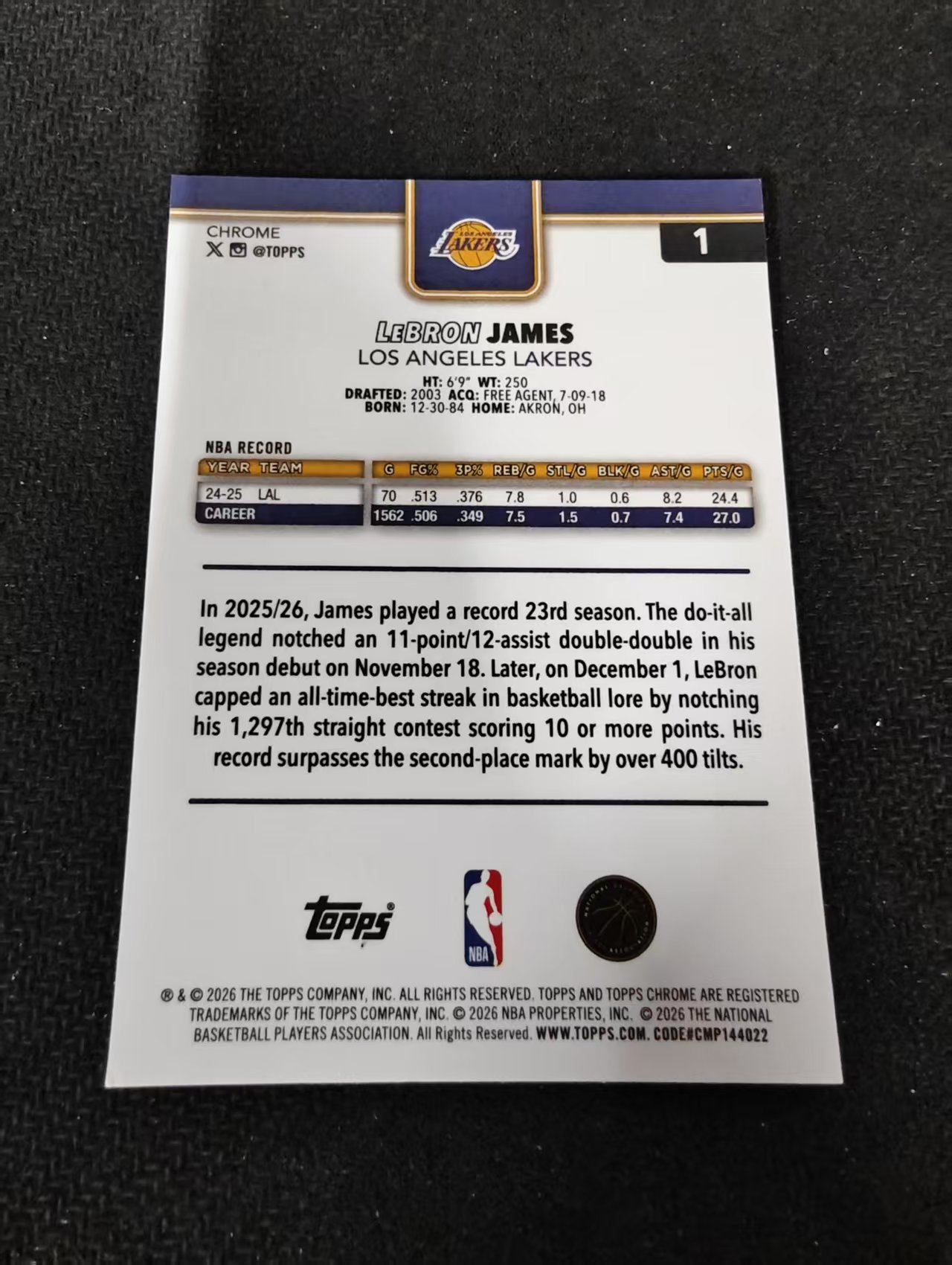 2026 Topps Chrome Update LeBron James 湖人 勒布朗 詹姆斯 老詹 小皇帝 TCU 划痕 边角瑕疵 #1