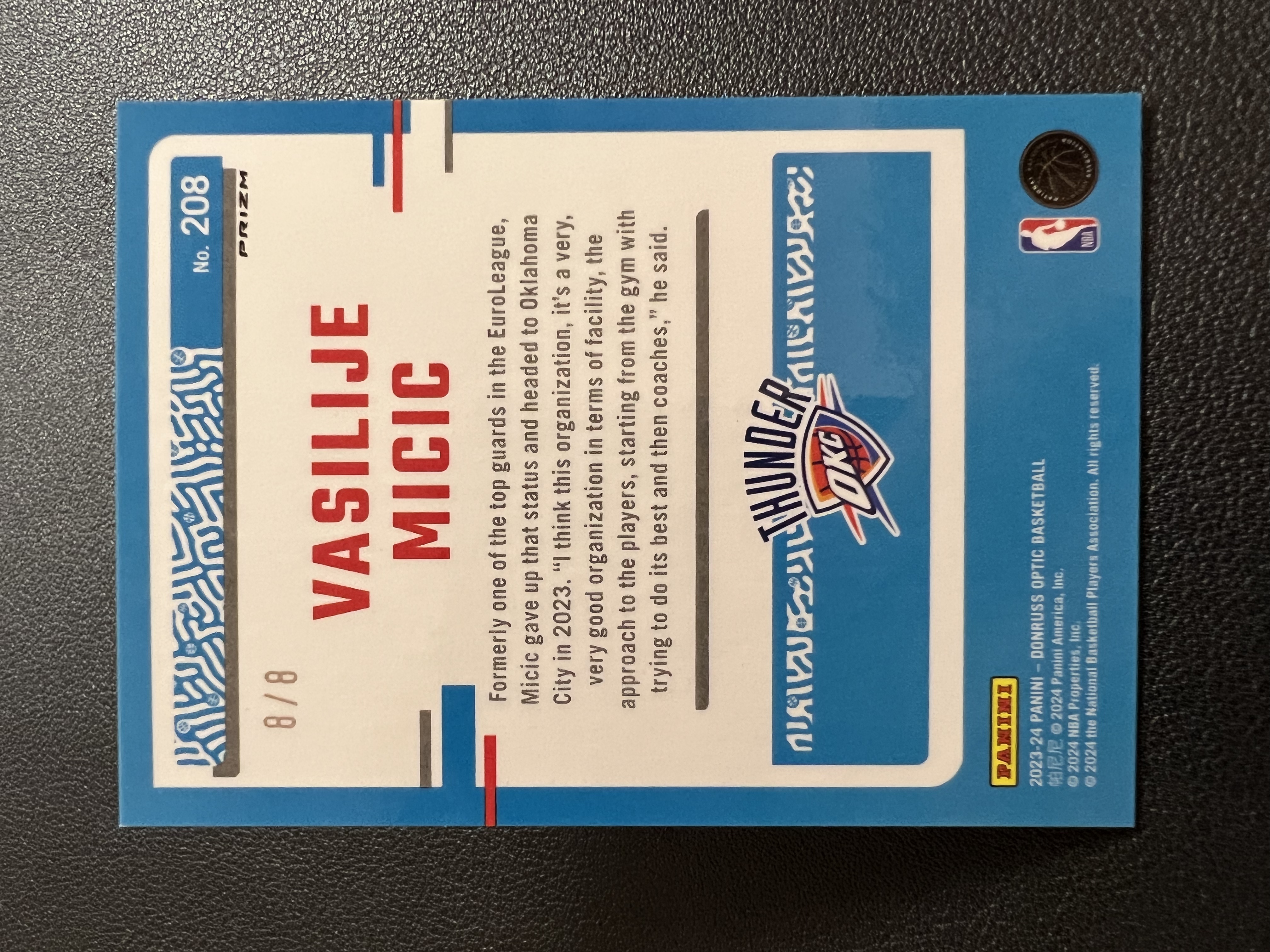 2023-24 Panini Donruss Vasilije Micić RC 【星佑代卖】杜蕾斯 雷霆 新秀 瓦西里耶 米西奇 8/8编 尾编 龙鳞折 收藏必备 航