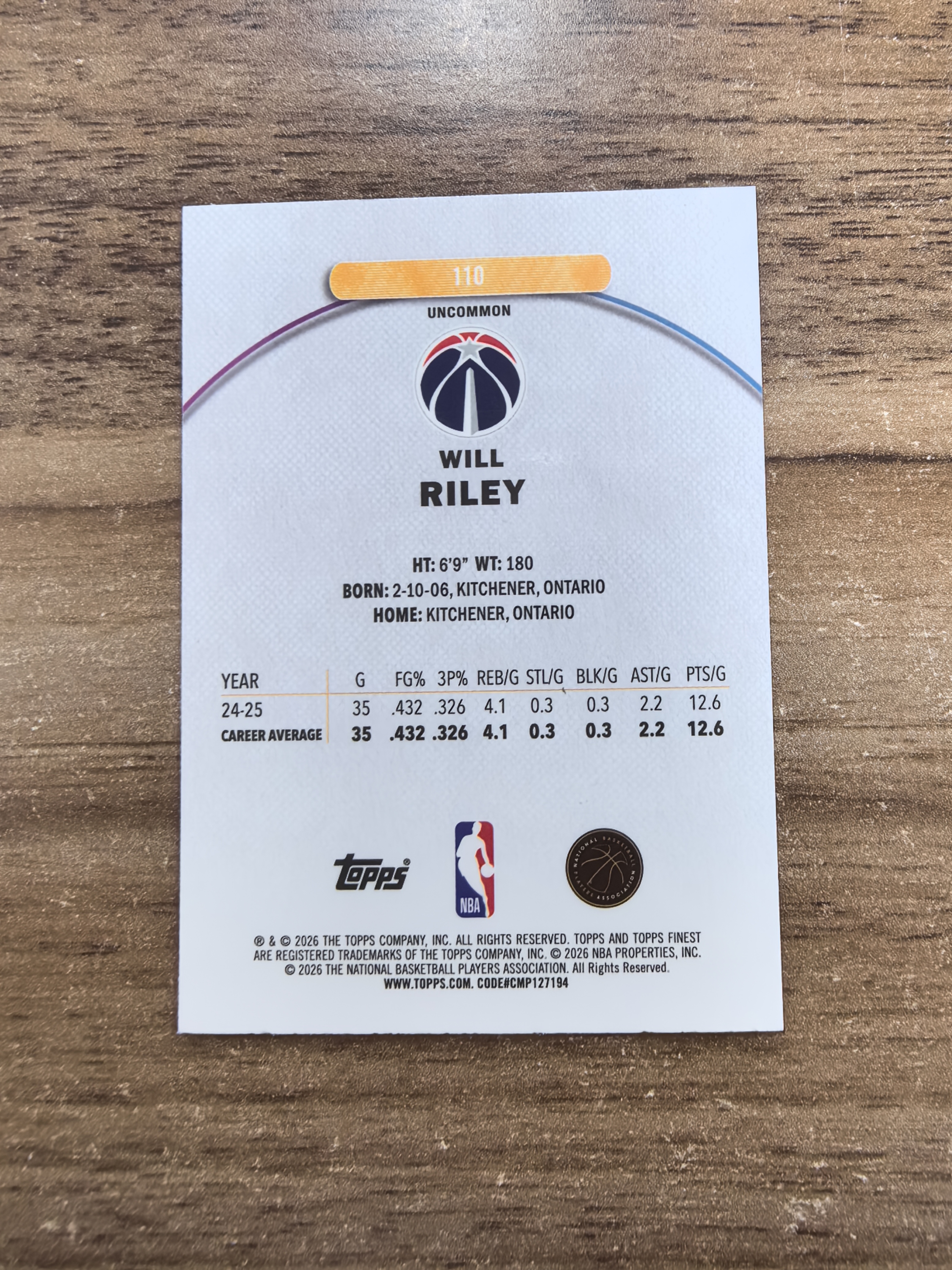 2026 Topps Finest Will Riley RC 奇才 威尔莱利 新秀 202/250编 二级 天空蓝折 折射 实卡精美 卡品如图 min
