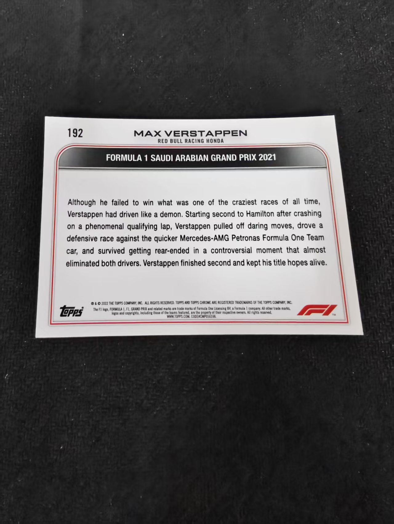 2022 Topps Chrome F1 Max Verstappen 维斯塔潘 红牛 划痕 边角瑕疵 #192