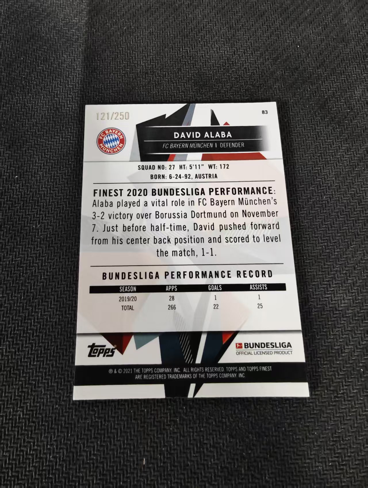 【可合并,不累计】2021 Topps Finest David Alaba 德甲 Finest 拜仁 阿拉巴 紫波纹 250编