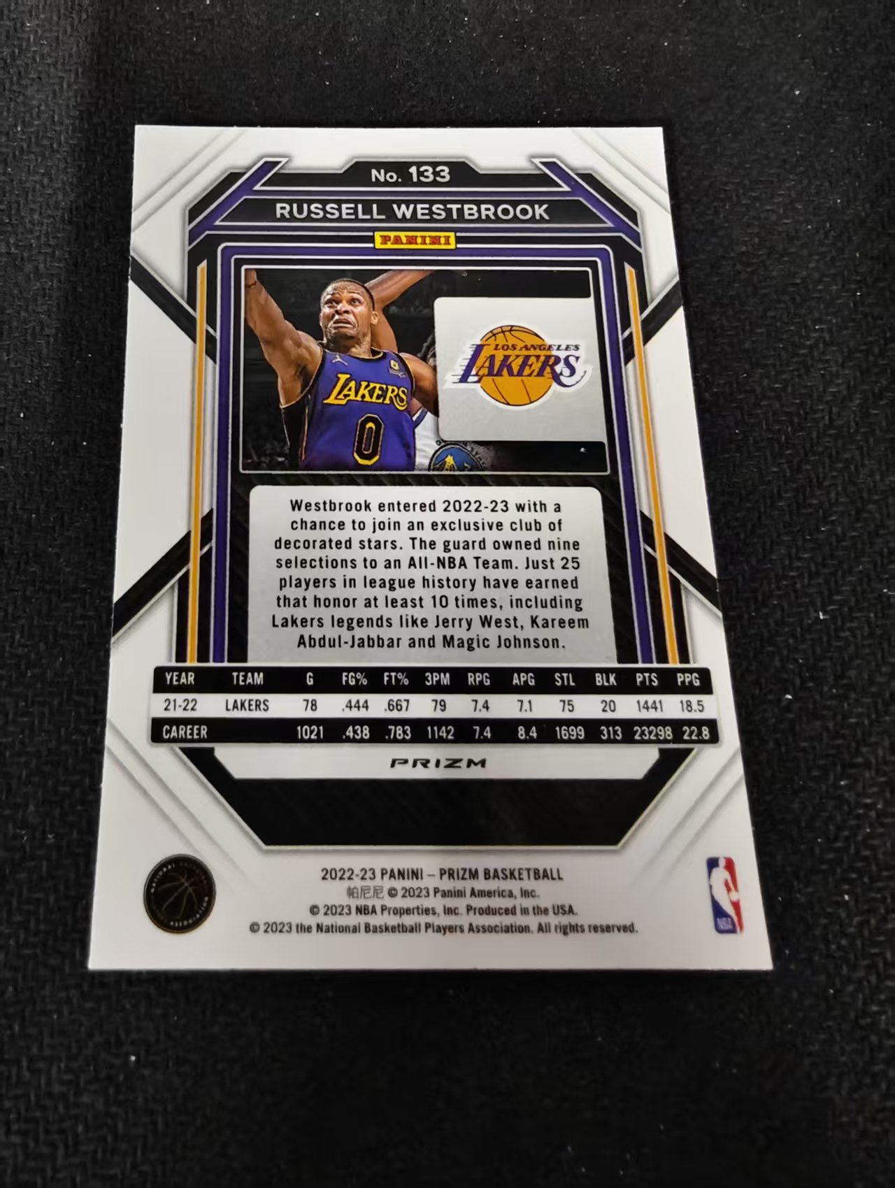 2022-23 Panini Prizm Russell Westbrook 拉塞尔 威斯布鲁克/威少 三双王 湖人 银折 PZ 划痕 边角瑕疵 #133