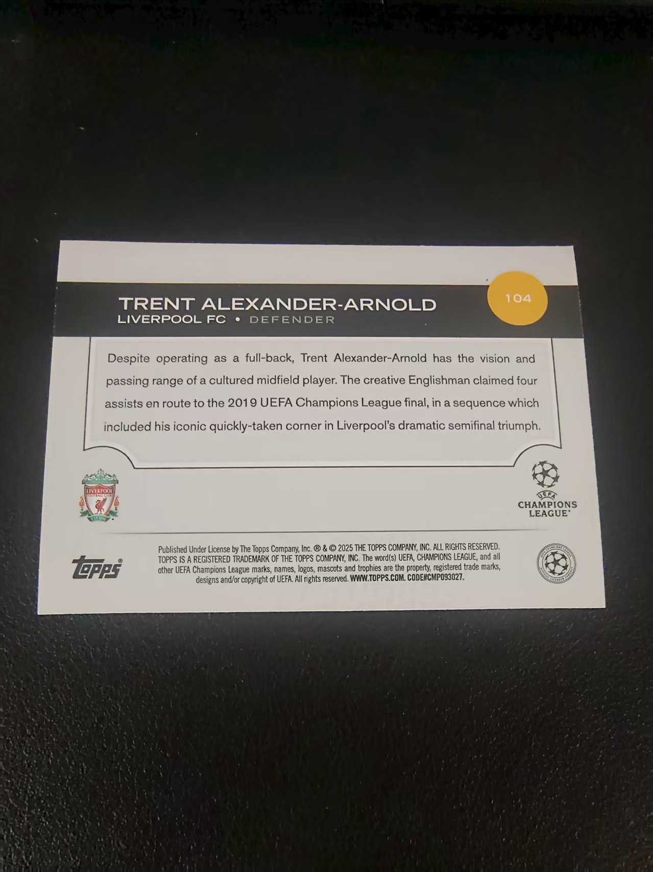 【可合并,不累计】2025 Topps Chrome Trent Alexander Arnold 利物浦 特伦特 亚历山大 阿诺德 欧冠 划痕 边角瑕疵 #104