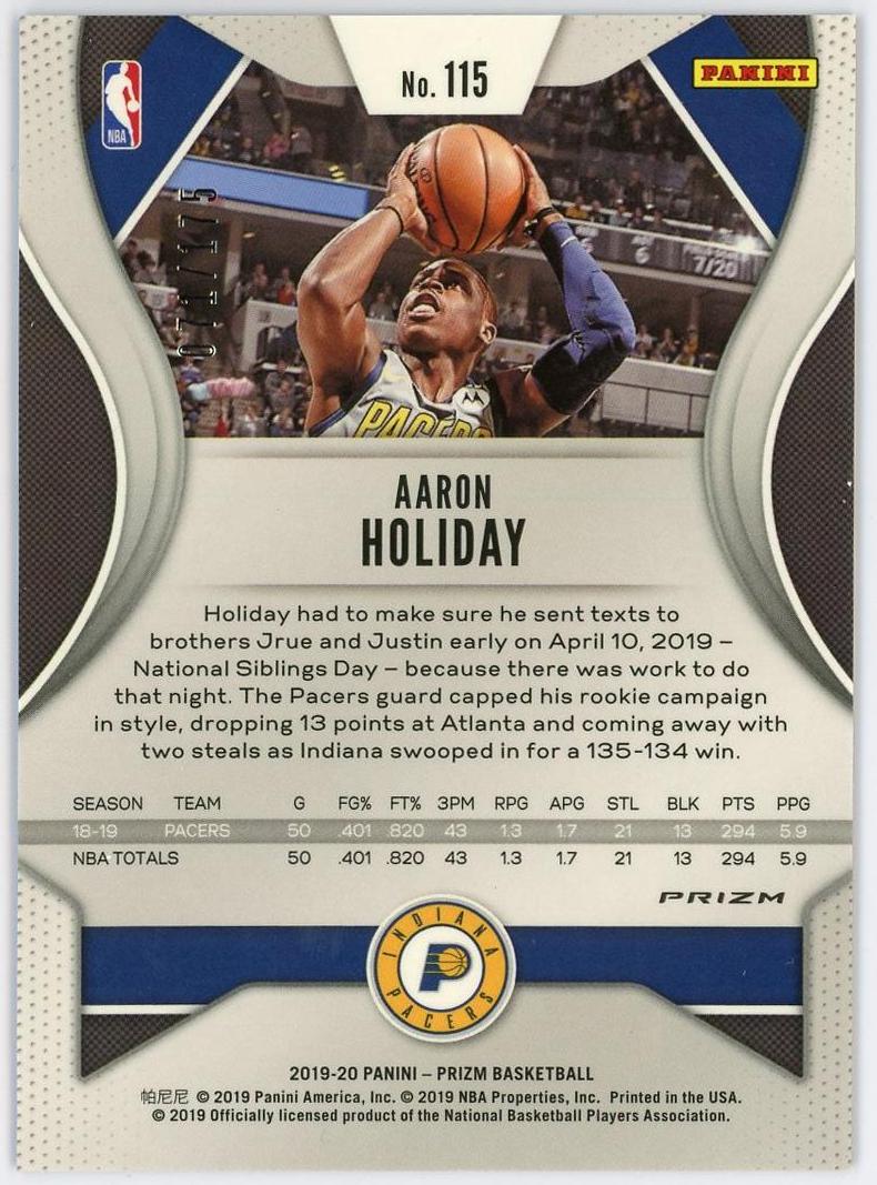 2019-20 Panini Prizm Aaron Holiday 阿隆霍乐迪 pz 175编 蓝泡泡折 折射 步行者 卡品如图 0MJ9