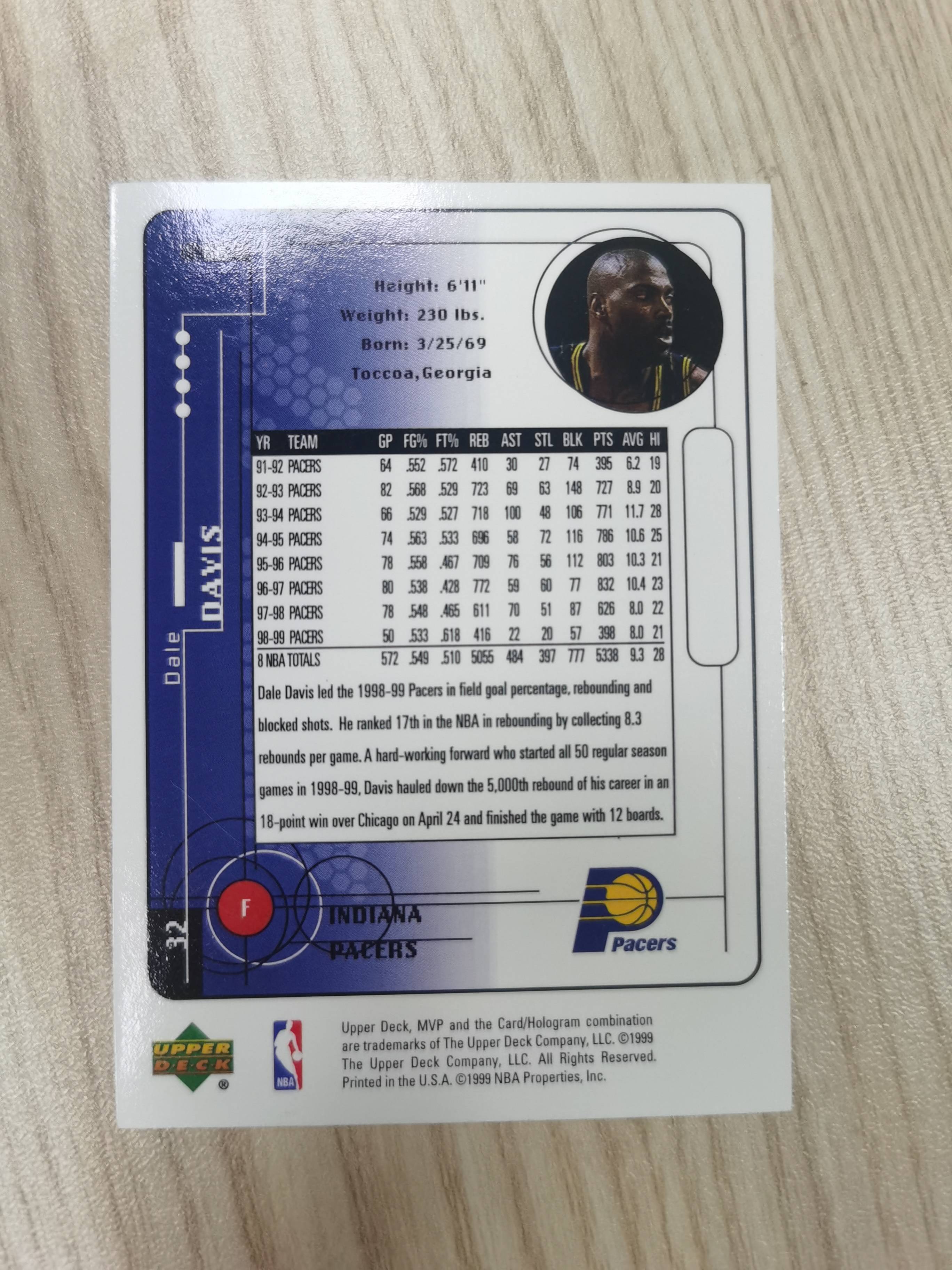 1999-00 Upper Deck MVP Dale Davis 1999-00 戴尔-戴维斯 UD mvp 银标 #66 1届全明星 防守悍将 步行者 硬通货 极具收藏价值