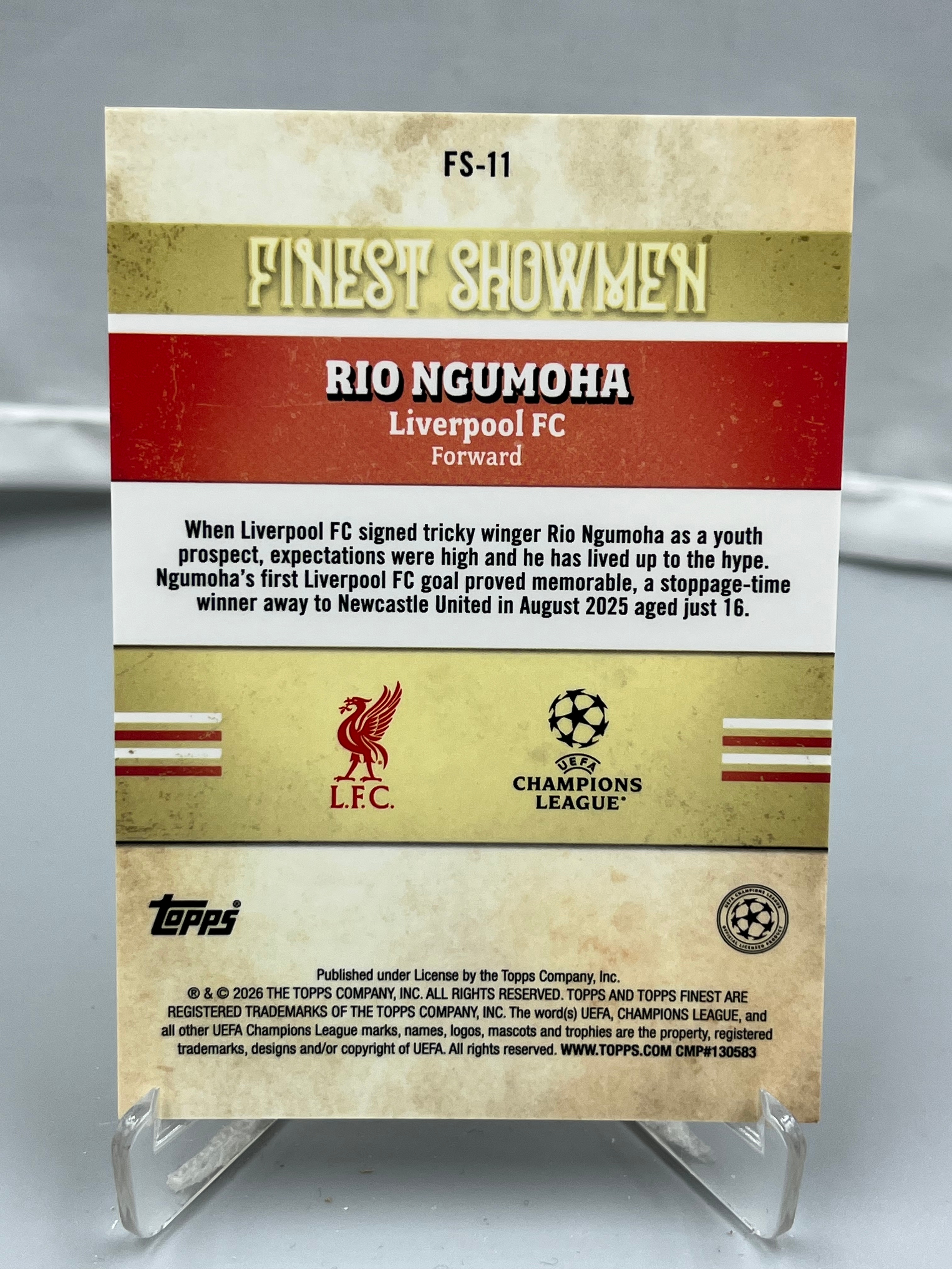 2026 Topps Finest Rio Ngumoha RC 欧冠欧战 里奥 恩古莫哈 利物浦 新秀 英格兰 Showmen 最佳表演者 特卡 银折 折射【暴富 LK张】ta937