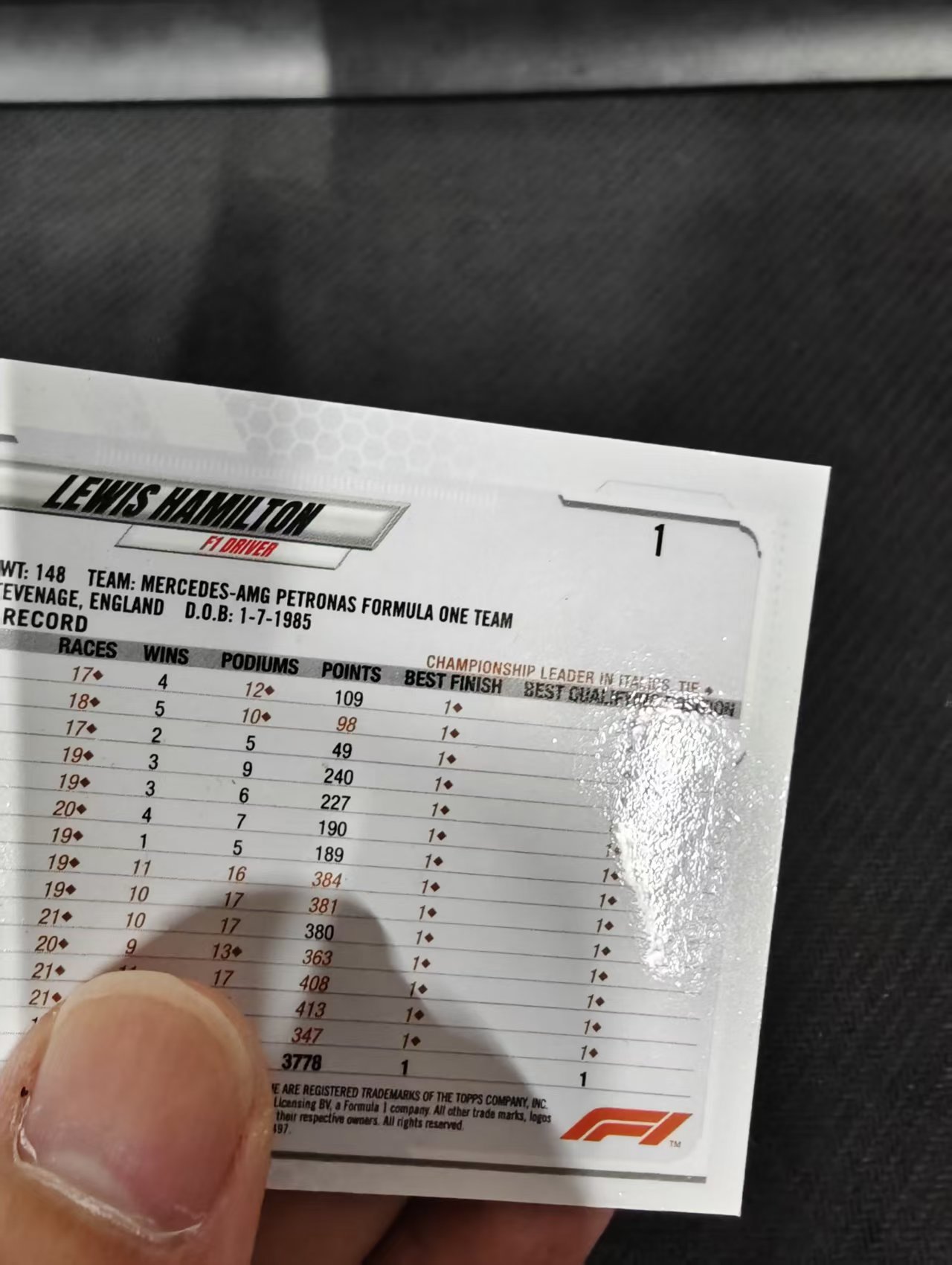 【可合并,不累计】2021 Topps Chrome Lewis Hamilton F1 梅赛德斯奔驰车队 刘易斯 汉密尔顿 划痕 坑印 边角瑕疵 #1