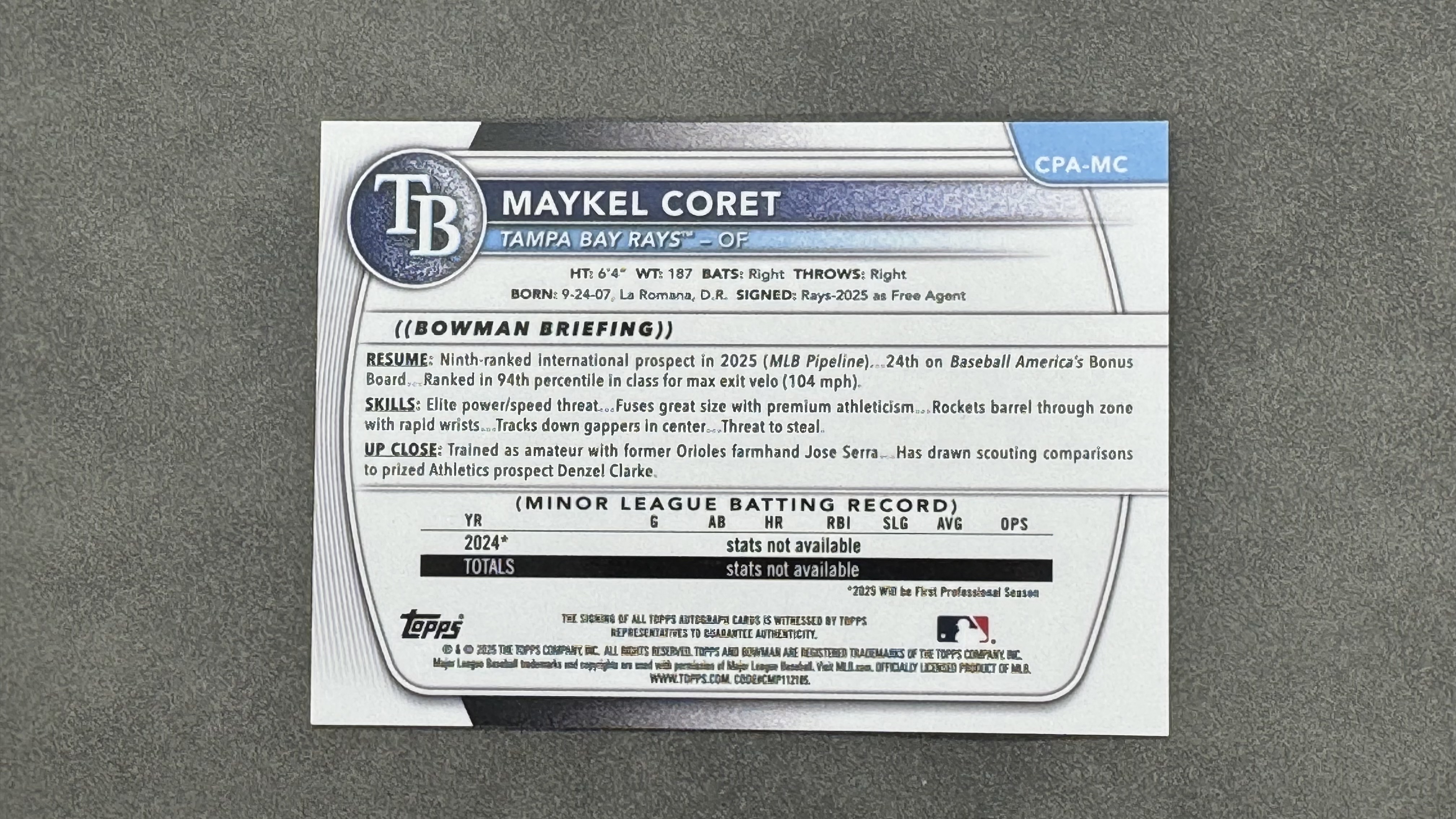 2025 Topps Bowman Maykel Coret 1st 坦帕湾光芒队 梅凯尔・科雷 1st 新秀 签字 墨迹完美 No.9 Prospects 潜力新星 未来可期 卡品如图 #CPA-M