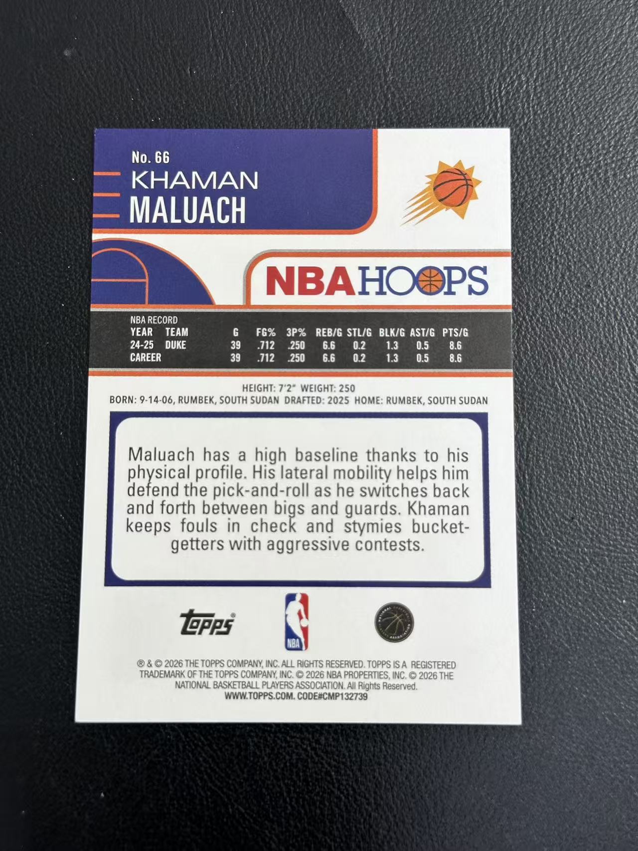 2026 Topps Topps Khaman Maluach RC 卡曼 马鲁阿奇 RC新秀 9/50编 卡品如图 只合并当日订单 【金叔 旋律】m