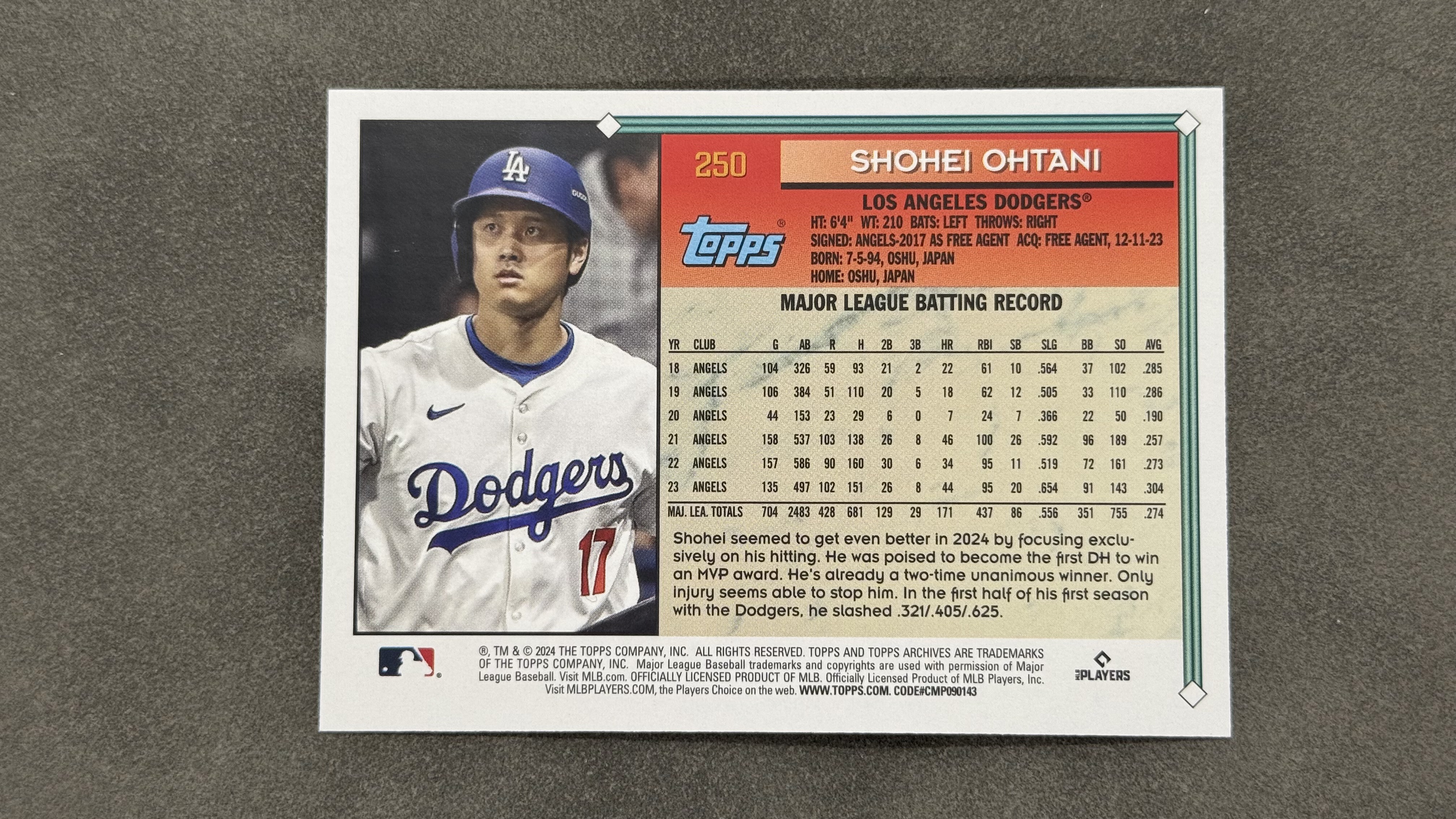 2024 Topps Archives Shohei Ohtani #250 道奇队 大谷翔平 二刀流 50/50俱乐部 首位季后赛10k 3HR选手 base 实卡好看 值得收藏