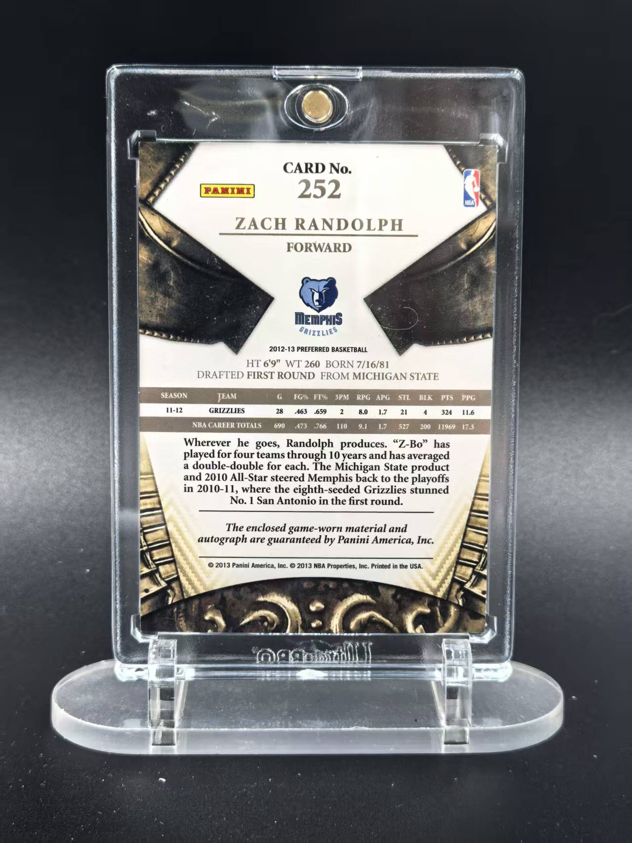 2012-13 Panini Preferred Zach Randolph #252 扎克 兰多夫 皇冠 剪影 JA 落场球衣 卡签 21/49编