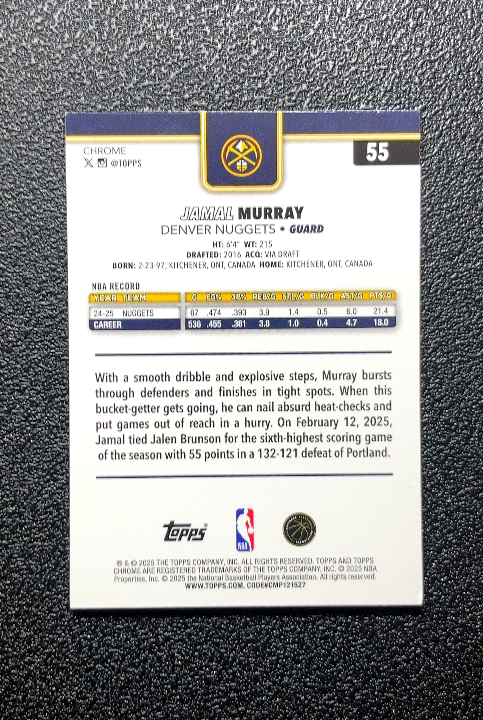 【岛屿拍卖】2025 Topps Chrome Jamal Murray 贾马尔·穆雷 卡品如图 高价值 #55 Denver Nuggets 丹佛掘金 0008#212