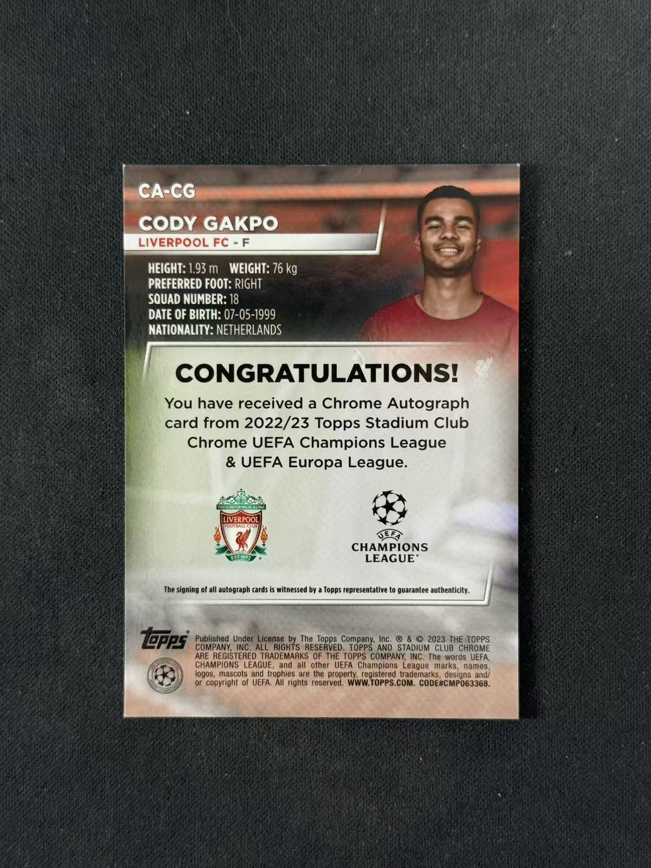 2023 Topps Stadium Club Cody Gakpo 【林林拍卖布迪尼】竞技场系列 欧冠 利物浦 加克波 银折 签字