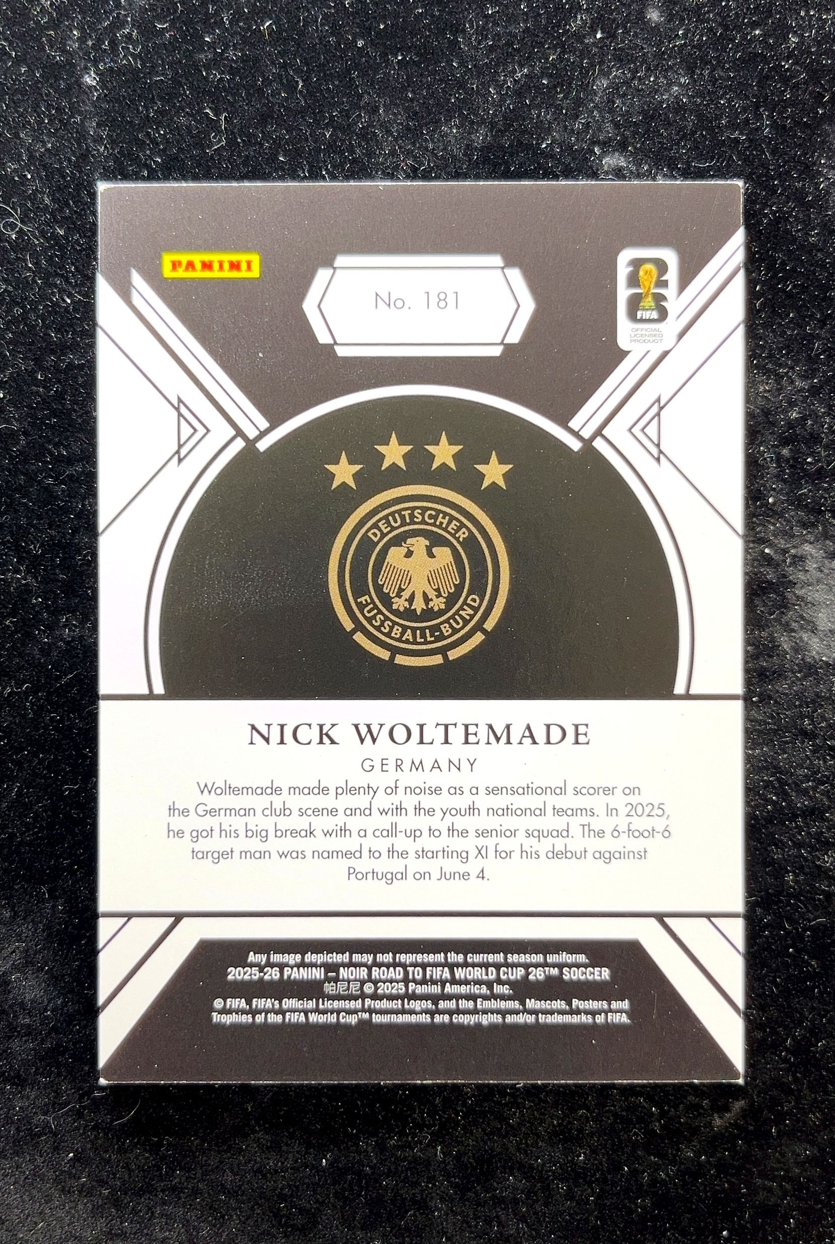 【小白1%代卖】2025-26 Panini NOIR WORLD CUP世界杯之路 Nick Woltemade 尼克 沃尔特马德 /10编 黑折 折射 新秀 RC 超低编 #181 德国 拉诗赋