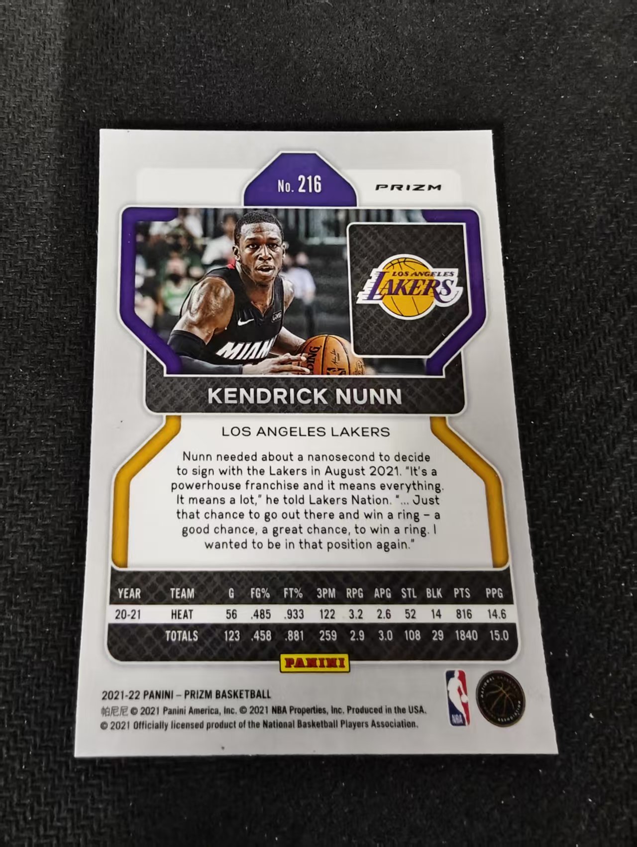 2021-22 Panini Prizm Kendrick Nunn 肯德里克 纳恩 湖人 红波纹 PZ 划痕 边角瑕疵 #216