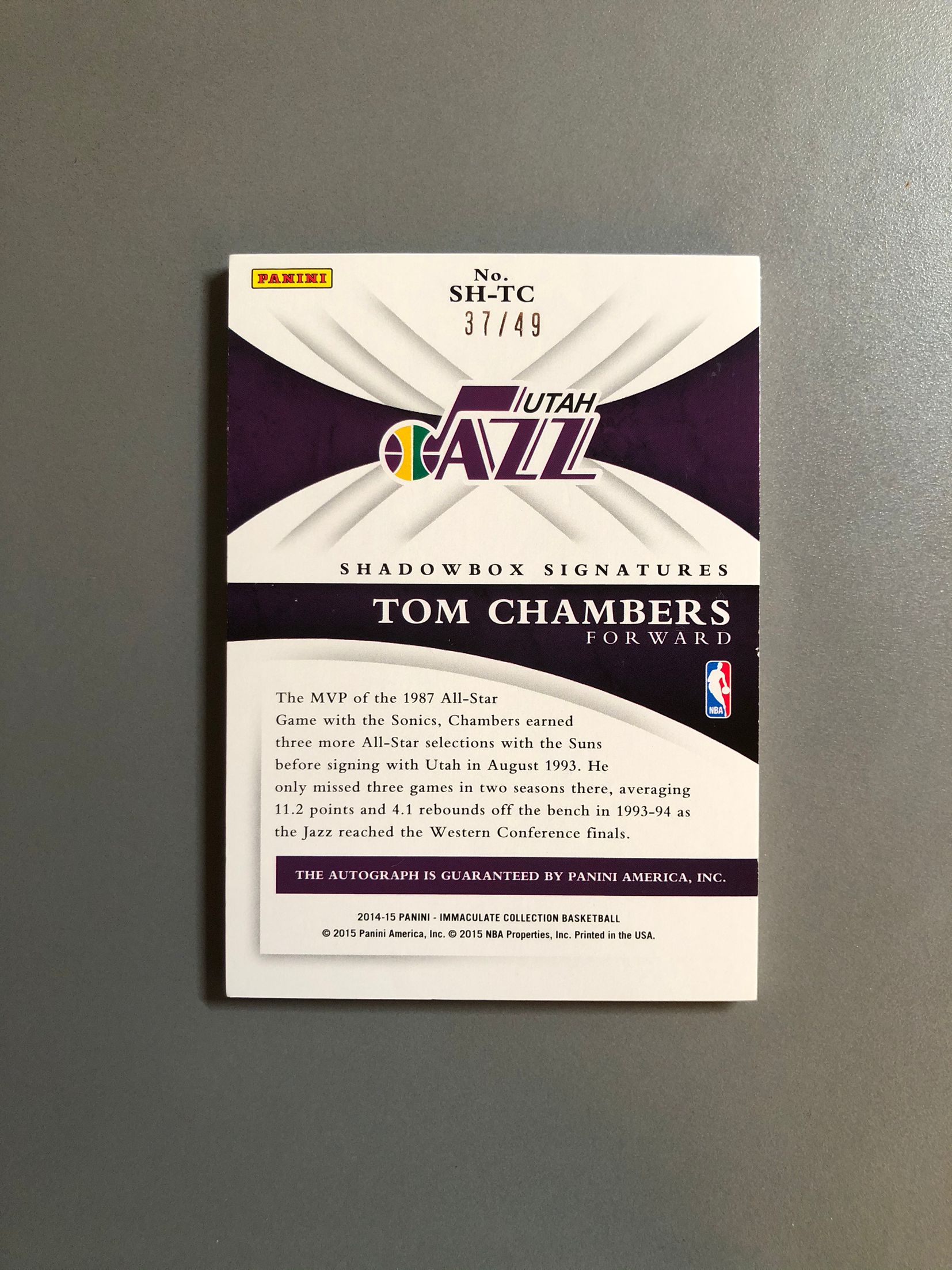 2014-15 Panini Immaculate Tom Chambers 汤姆·钱伯斯 爵士 签字 卡签 镜面 沙盒签 Shadowbox 49编 实卡好看 卡品如图 可累计FT068【诚接代卖】