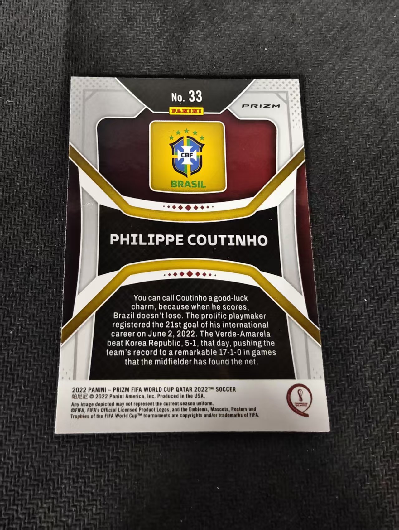 【可合并,不累计】 2022 Panini Prizm Philippe Coutinho 库蒂尼奥 巴西 PZ 卡塔尔世界杯 银折 划痕 边角瑕疵 #33
