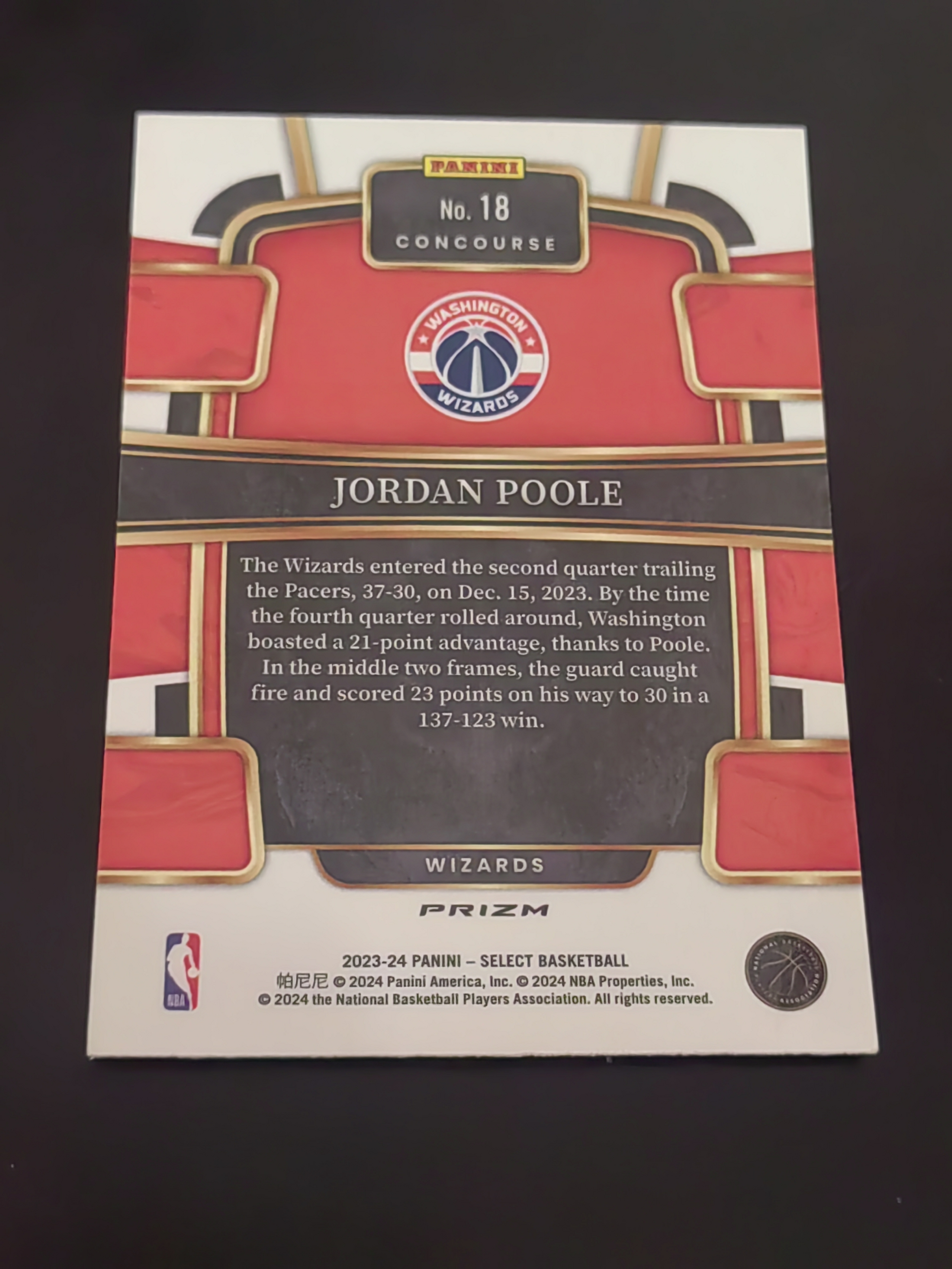 2023-24 Panini Select Jordan Poole SELECT 乔丹·普尔 蓝折 奇才 勇士 鹈鹕 篮 白边白角 不保卡品 卡品如图