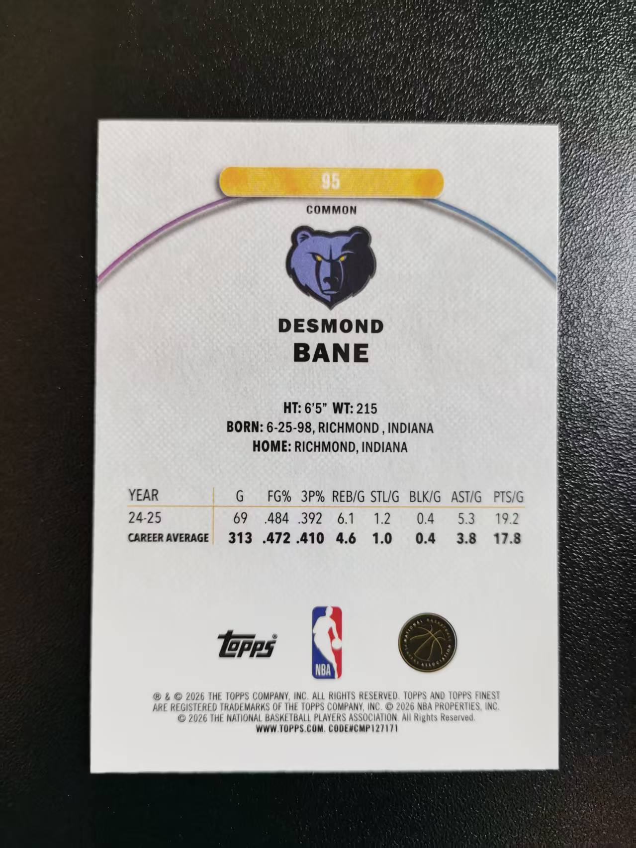 2026 Topps Finest Desmond Bane 戴斯蒙德贝恩 灰熊 一级 收藏凑套 卡品如图 免费代拍CC02