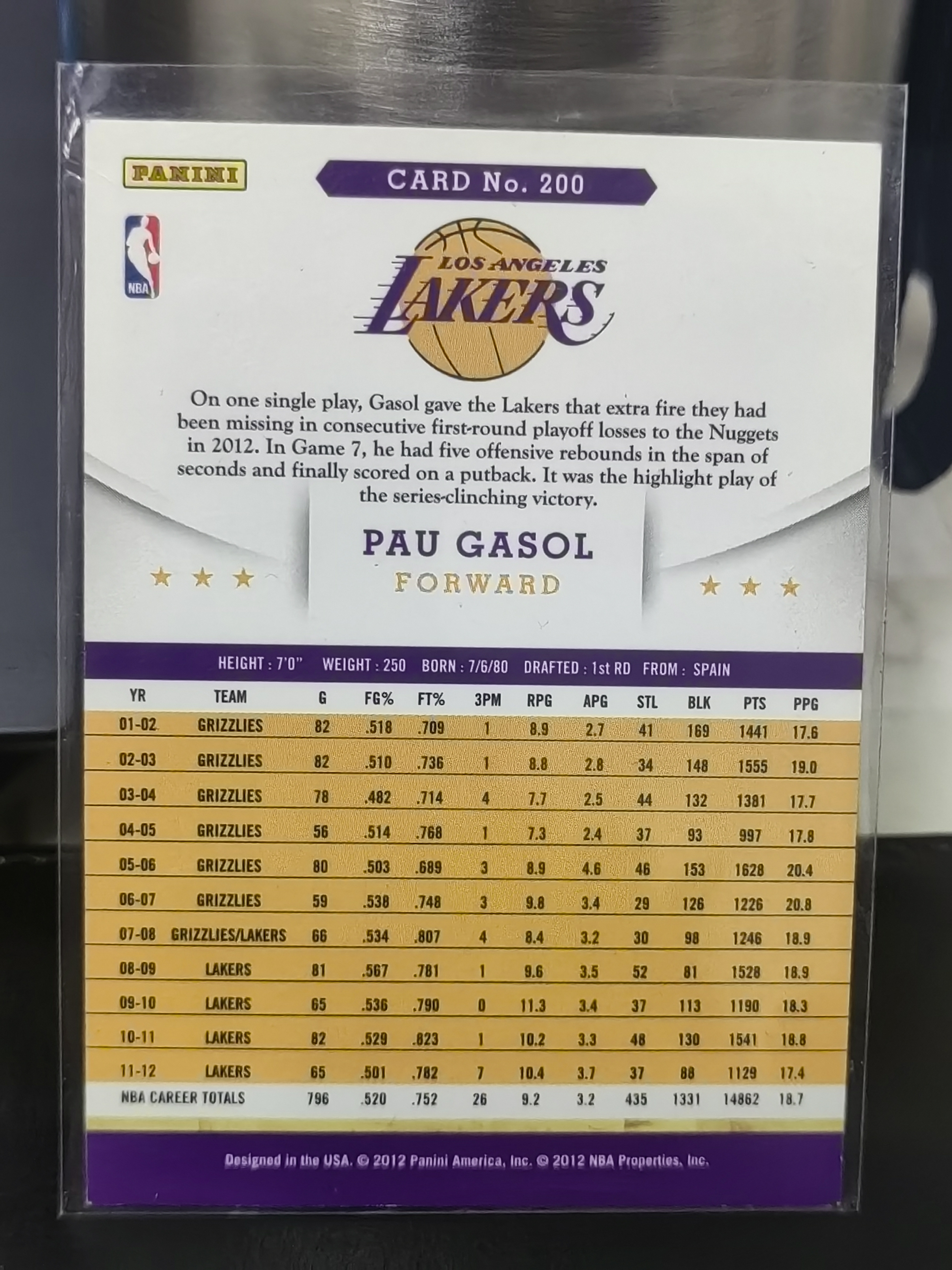 2012 Panini Hoops Pau Gasol Hoops 保罗 加索尔 湖人 加嫂 大加索尔 篮 白边白角 不保卡品 卡品如图