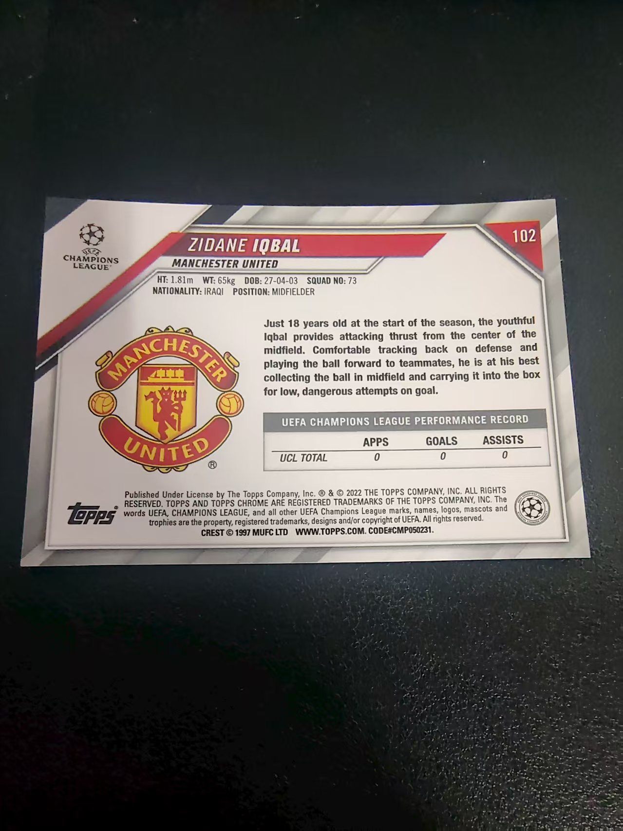 【可合并,不累计】2022 Topps Chrome Zidane Iqbal RC 曼联 齐达内 伊克巴尔 新秀 欧冠 划痕 边角瑕疵 #102