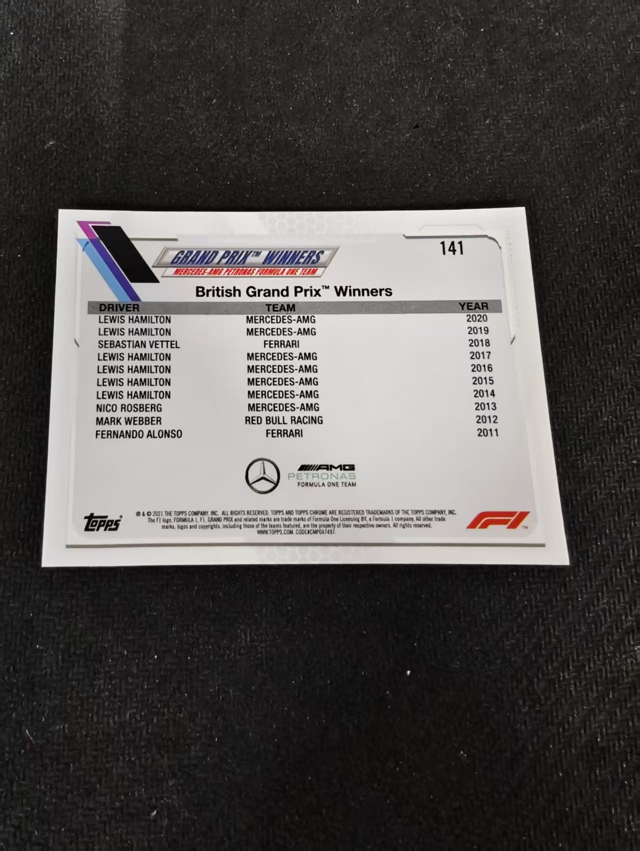 2021 Topps Chrome Lewis Hamilton F1 梅赛德斯奔驰车队 刘易斯 汉密尔顿 划痕 边角瑕疵 #141