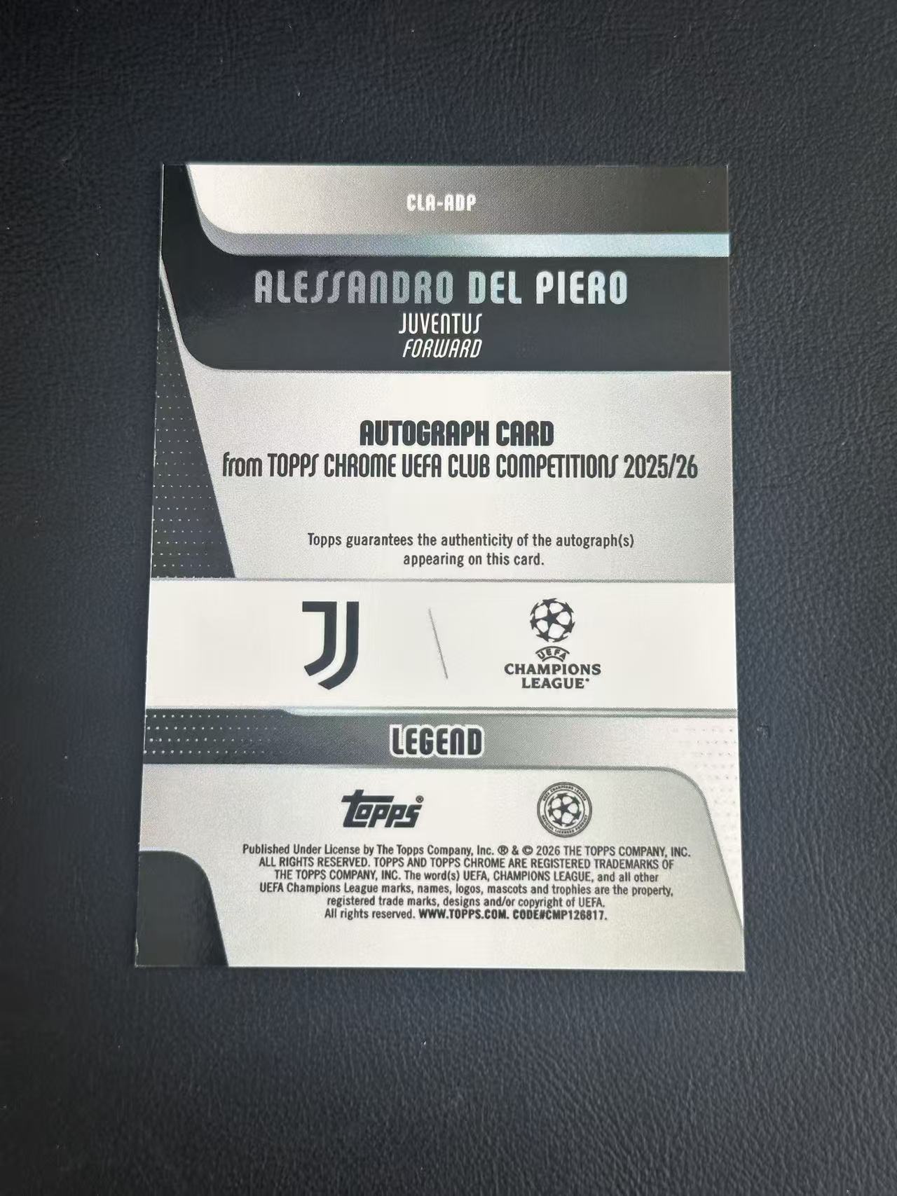 2026 Topps Chrome Alessandro Del Piero 欧战 TC 皮耶罗 尤文图斯 意大利 签字 52/75编 完美 ...
