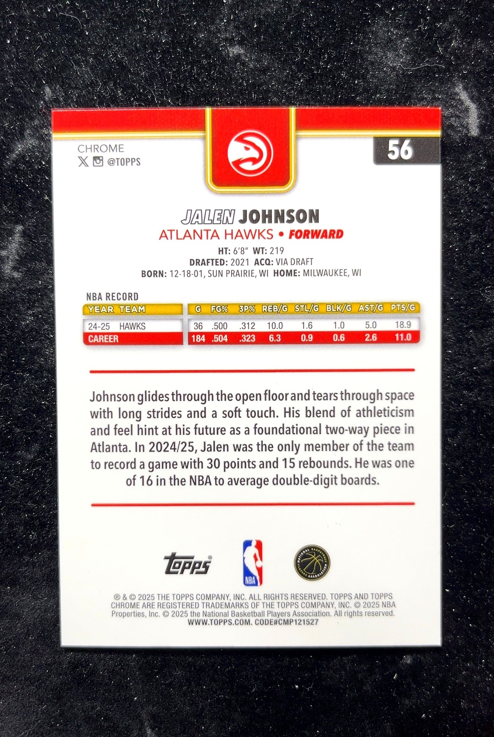 【小白1%代卖】2025 Topps Chrome Jalen Johnson 贾伦·约翰逊 红白蓝三色折 折射 新秀 RC 卡品如图 高价值 #56 Atlanta Hawks 0702