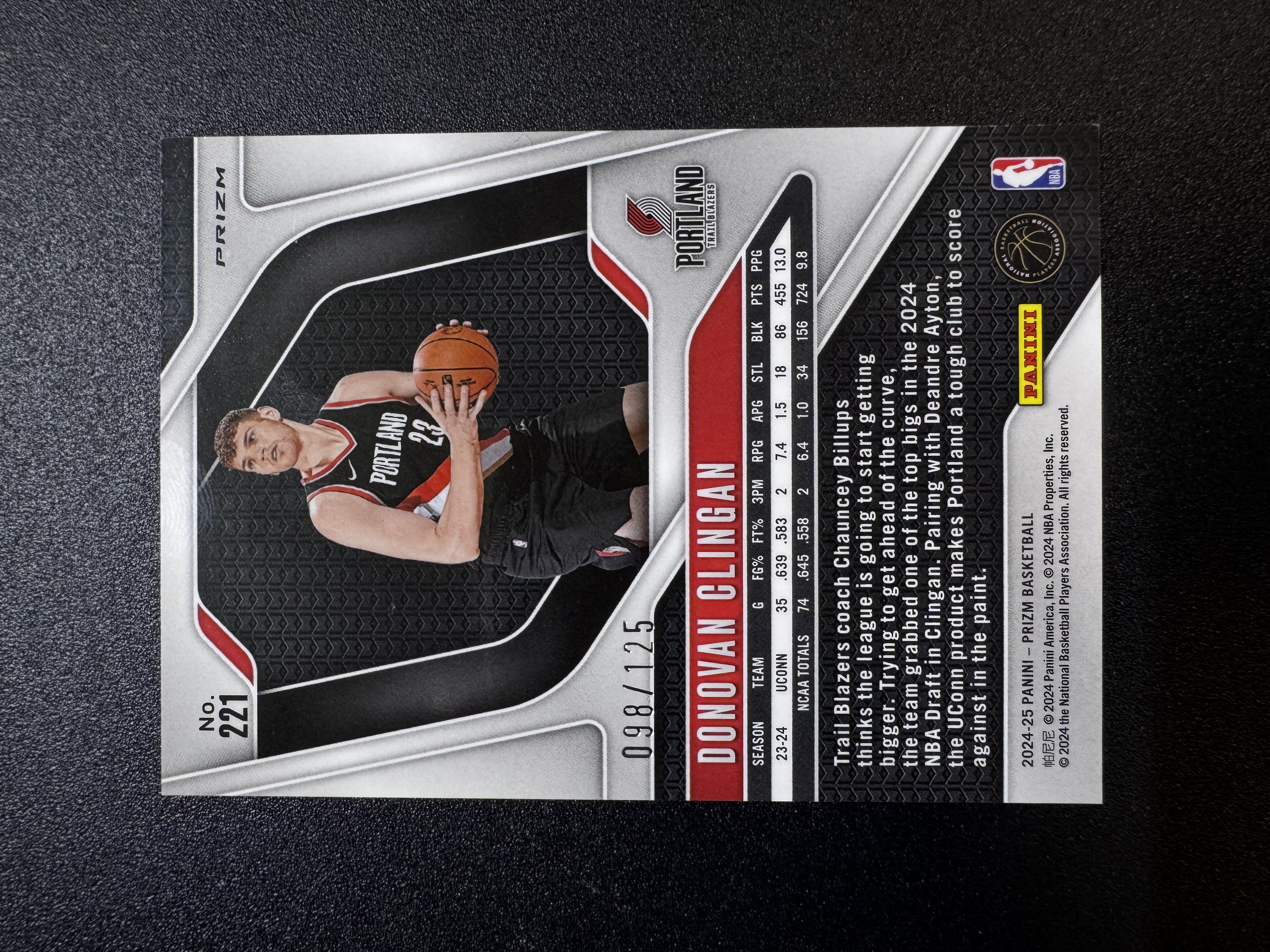 2024-25 Panini PRIZM Donovan Clingan RC prizm 开拓者 新秀 克林根 125编 蓝碎冰 卡品如图