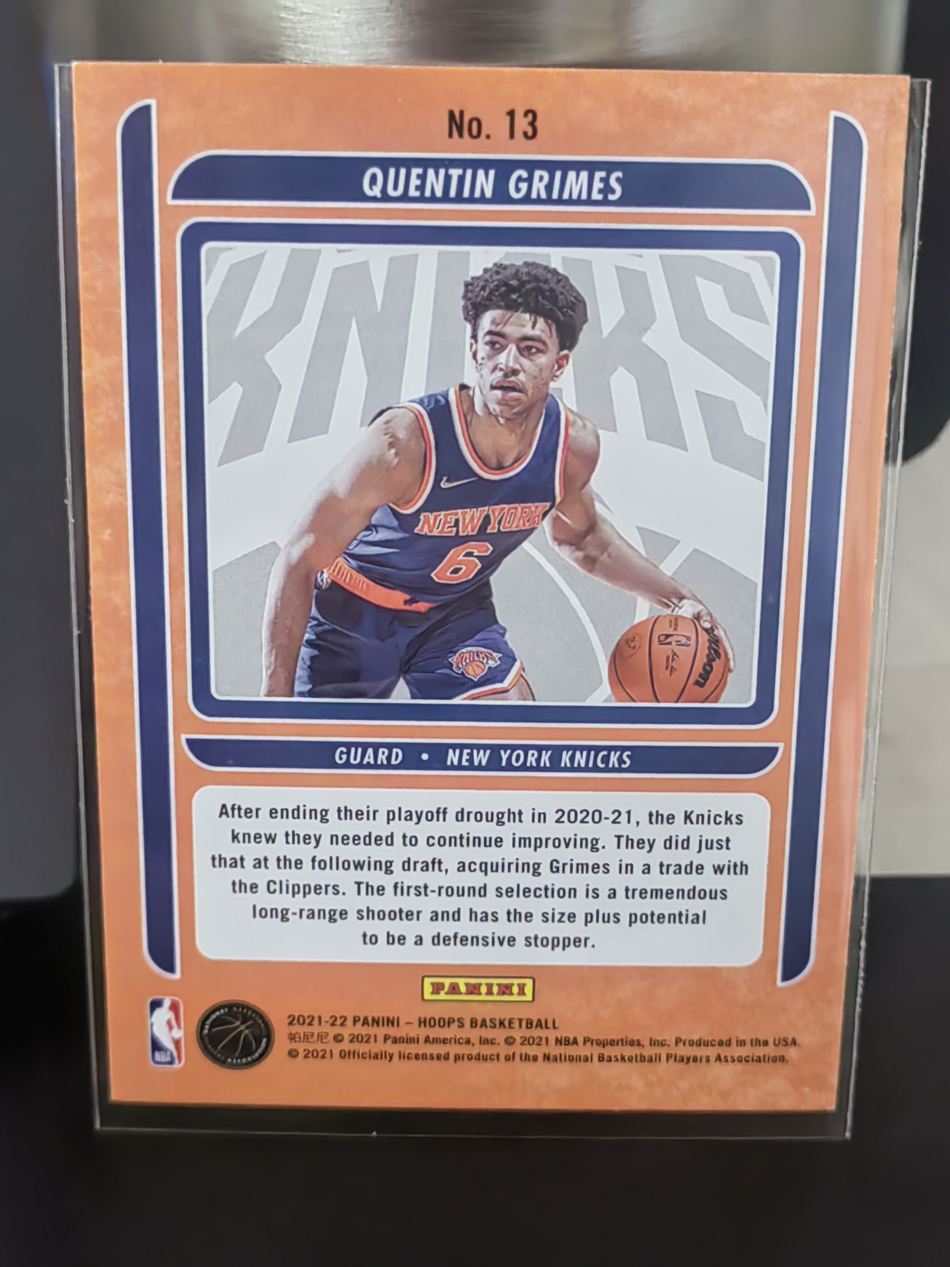 2021-22 Panini NBA Hoops Quentin Grimes RC Hoops 昆廷格莱姆斯 尼克斯 活塞 新秀 队标 特卡 篮 白边白角 不保卡品 卡品如图