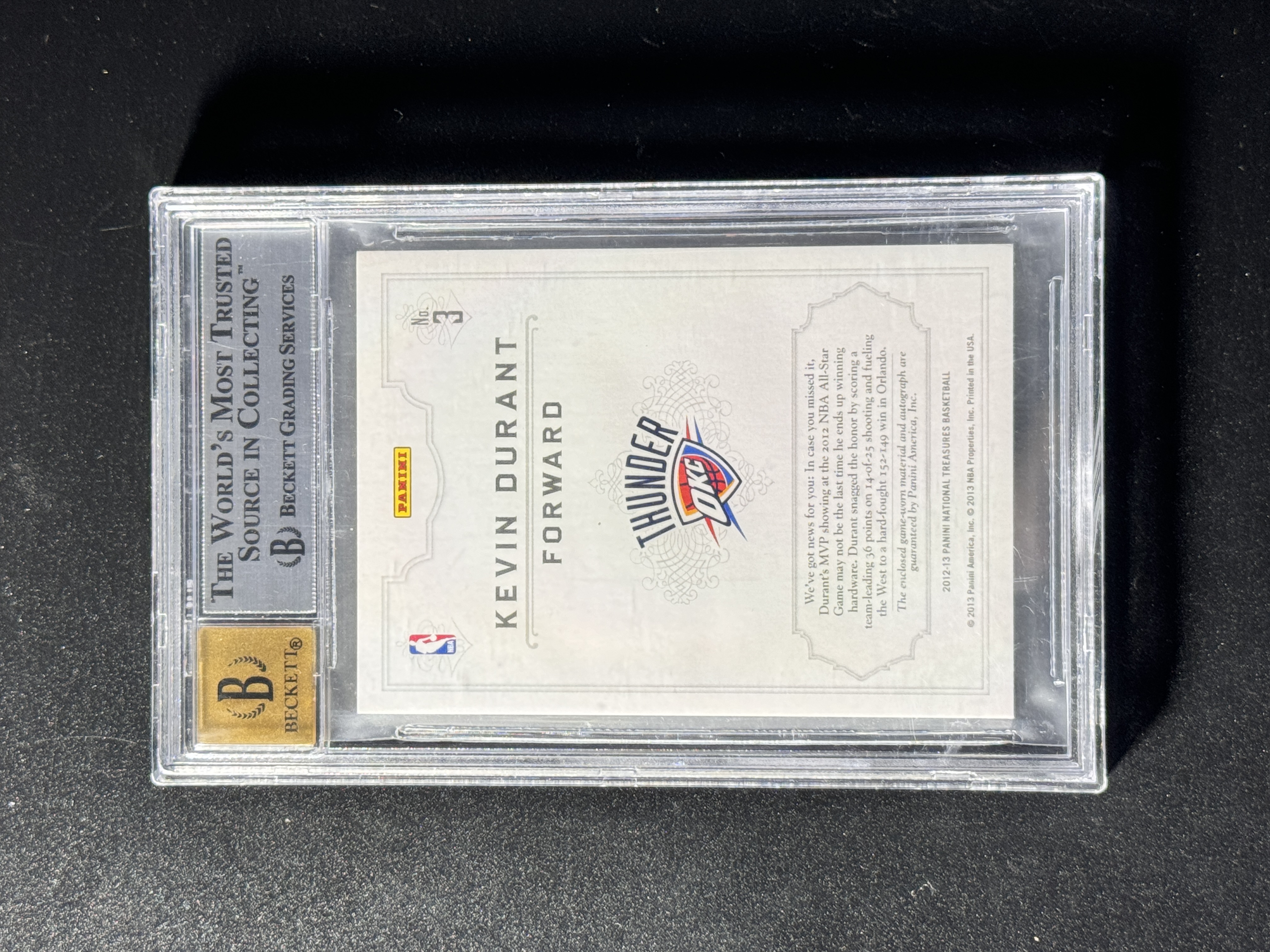 【喷子拍卖】2012-13 panini national treasures Kevin Durant 国宝 雷霆 死神 杜兰特 logoman 签字 3编 卡签 最有价刺绣版GU落场球衣 首编 BGS8.5/10 送订制壳 好运来