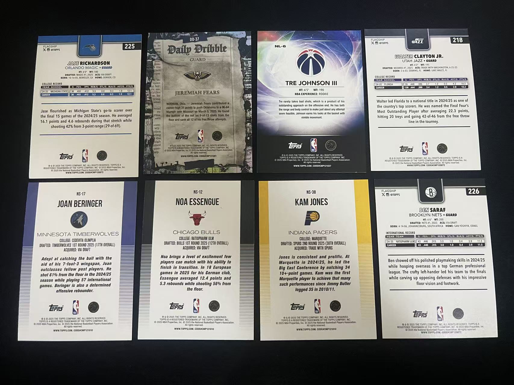 2025 Topps Flagship RC lot 杰森-理查德森 杰里迈亚-费尔斯 特雷-约翰逊 小沃尔特-克莱顿 若昂-贝兰热 诺阿-埃森格 卡姆-琼斯 本-萨拉夫