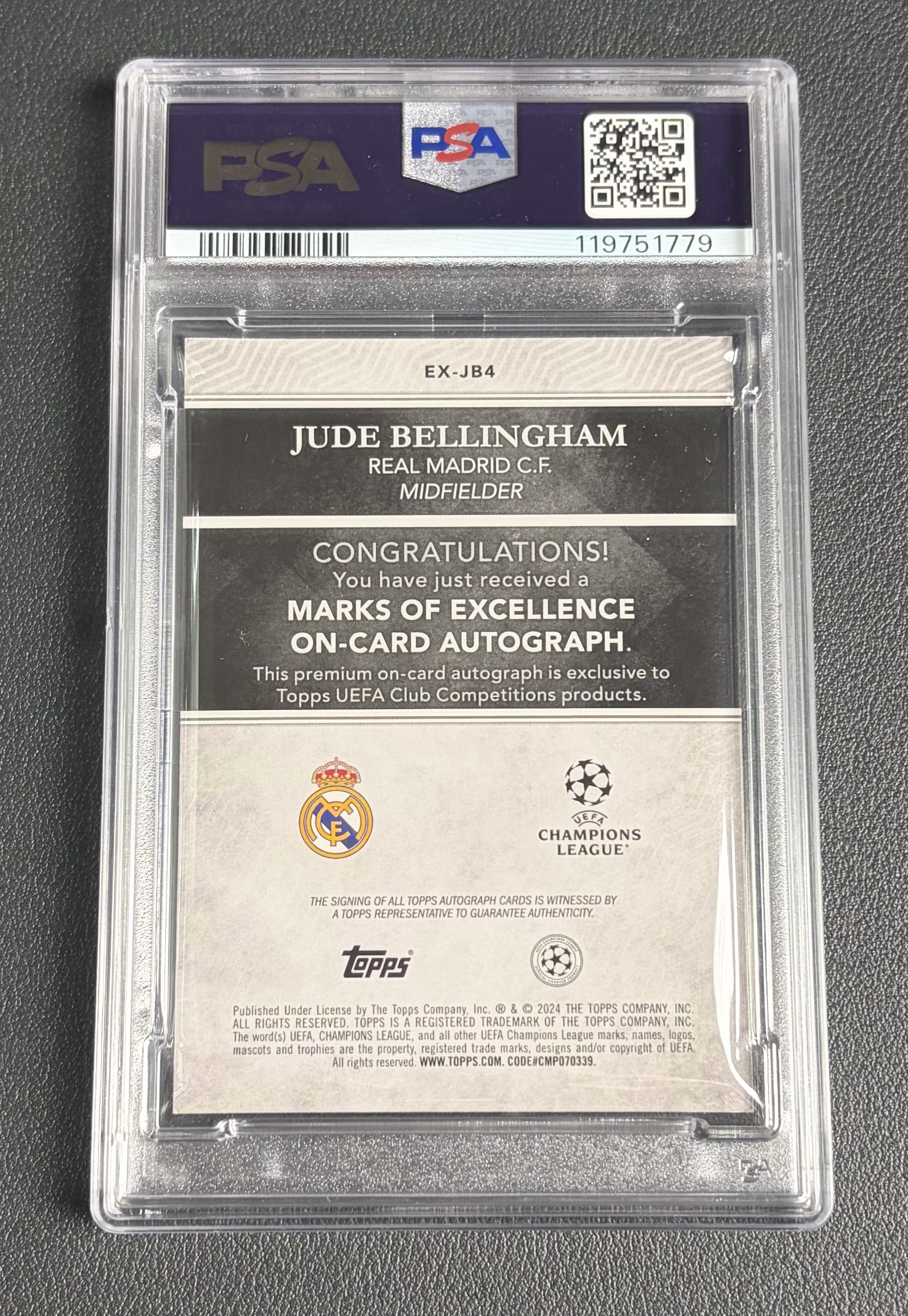 【古都代拍精品】2023-24 Topps Chrome UCC 皇马 Jude Bellingham 贝林厄姆 贝林汉姆 1编1 1/1 黑折 插入 Marks of Excellence 卡签 签字 绰号 铭文签 PSA墨迹10 #彬总